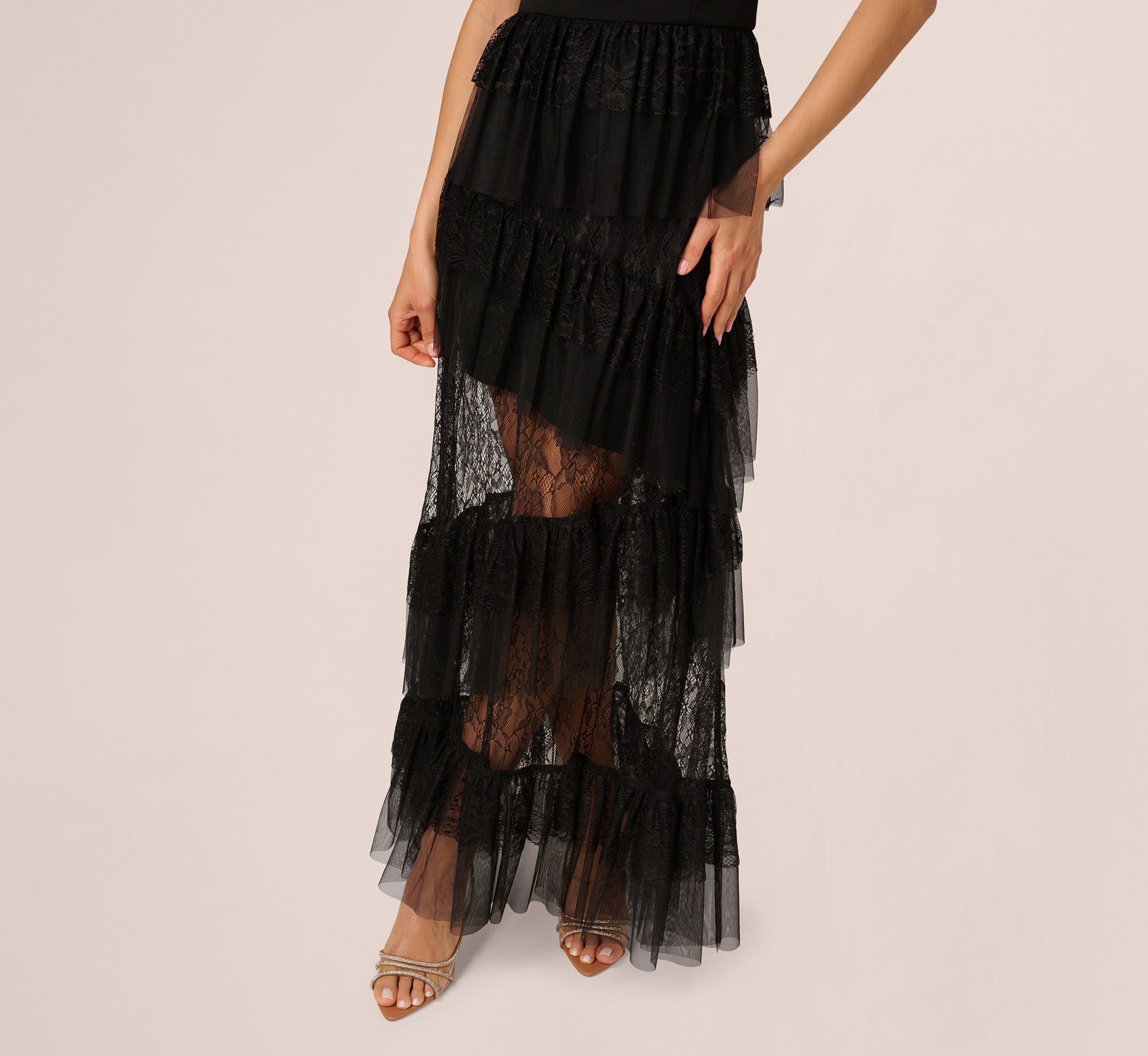 Off Shoulder Lace Ruffle Combo Gown In Black、mySite、solidvoid