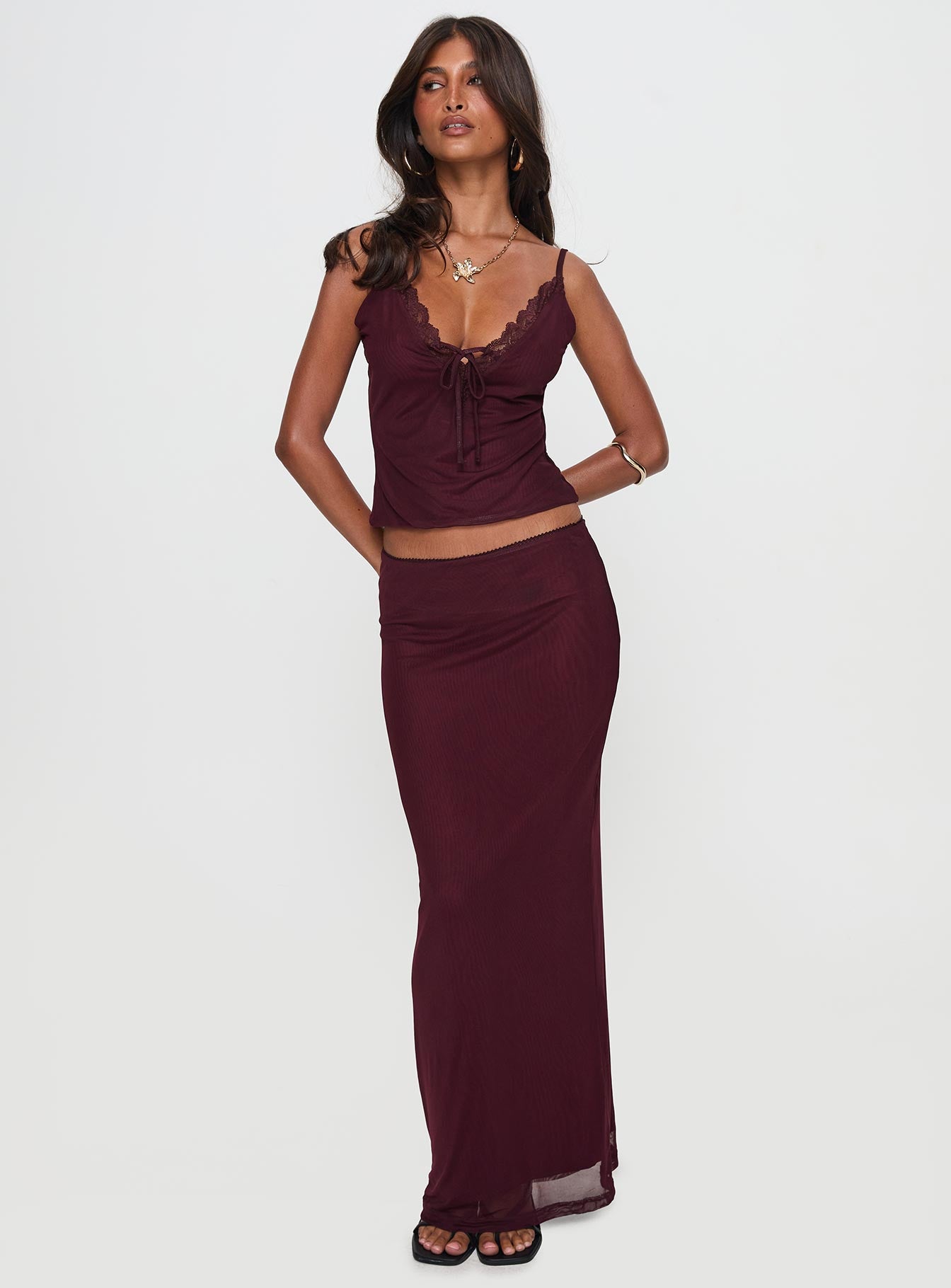 Reiko Lace Trim Tie Front Maxi Set Burgundy、mySite、solidvoid