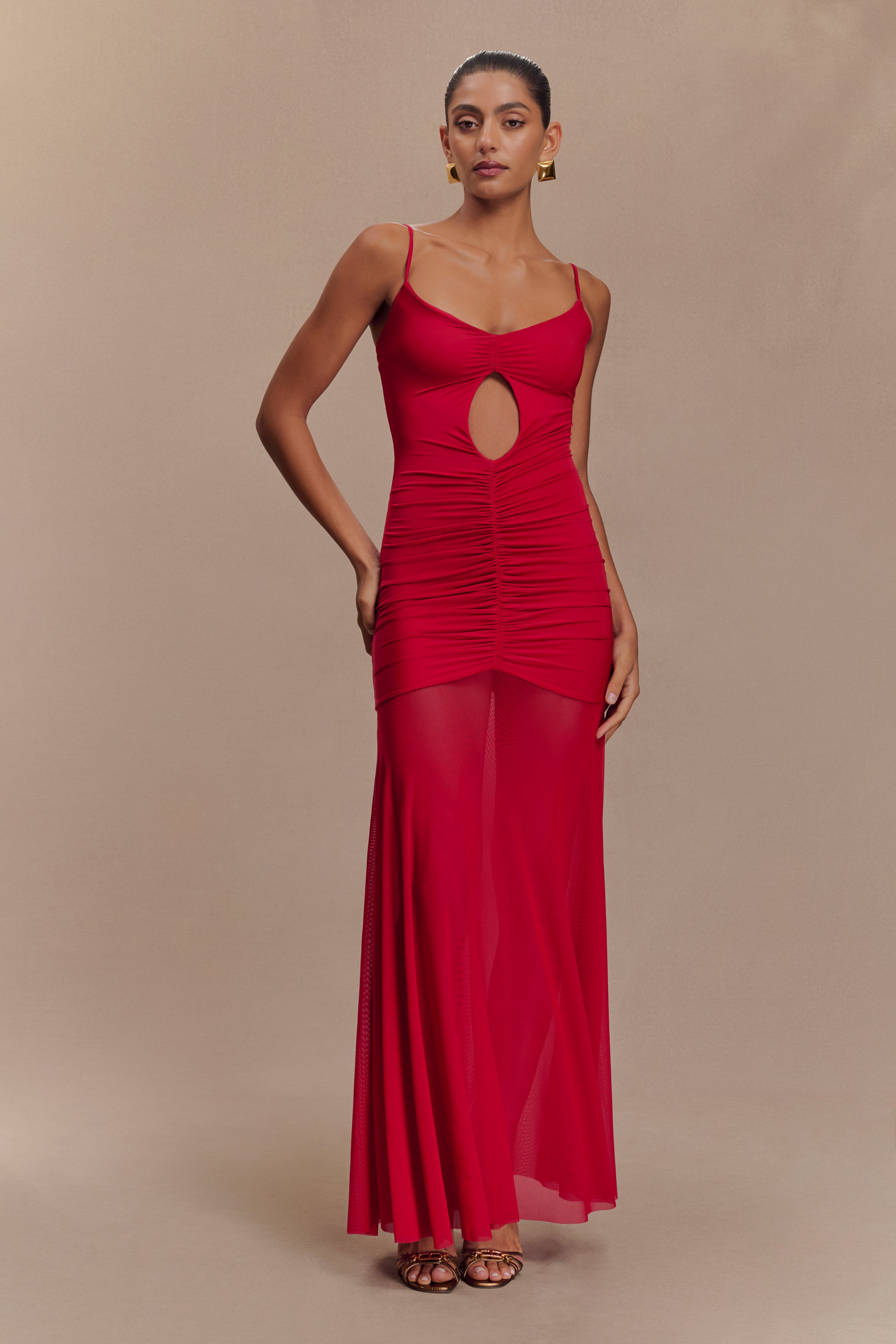 Delaney Slinky And Mesh Maxi Dress - Red、mySite、solidvoid
