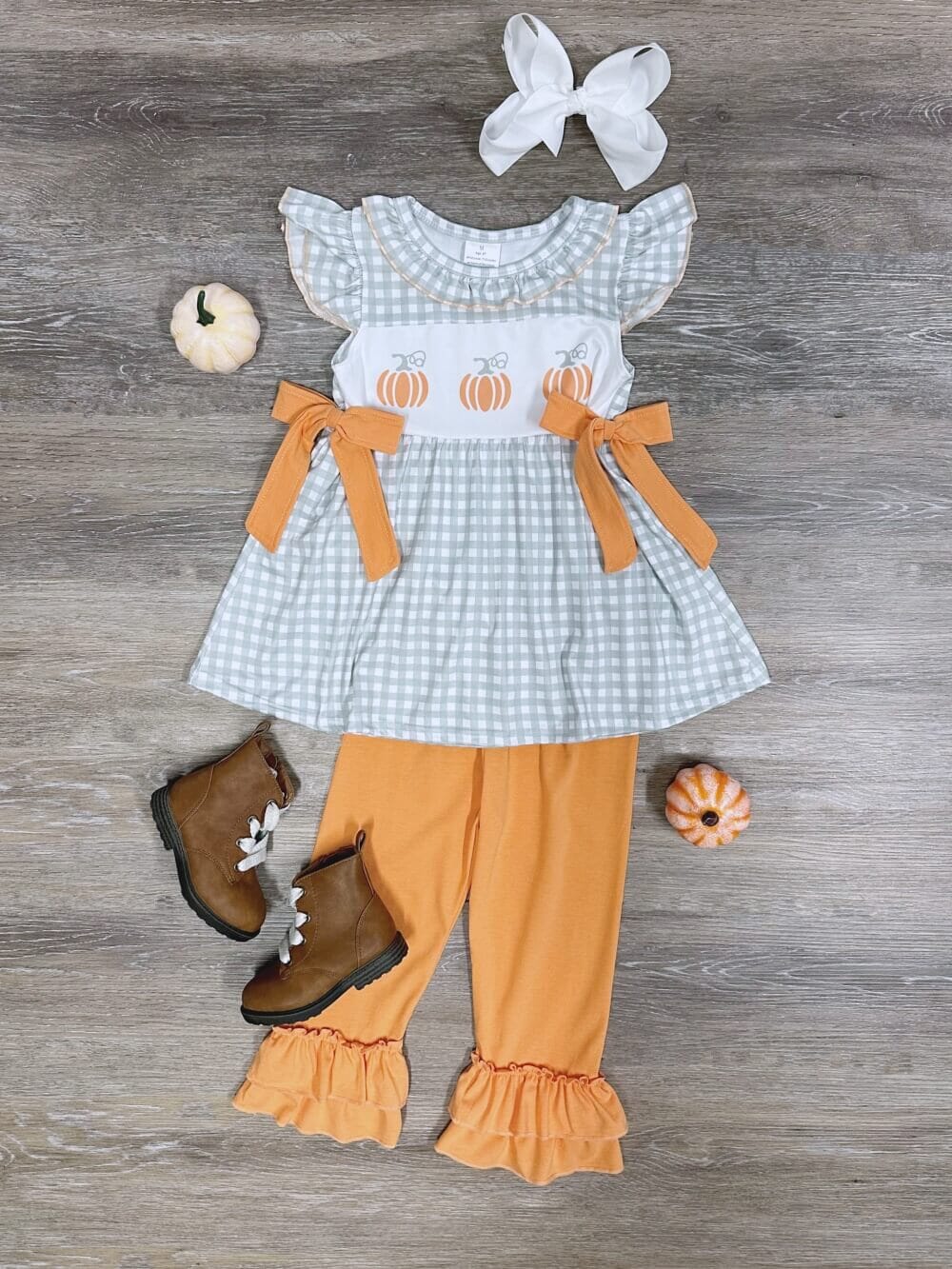 Sage Gingham Plaid Girls Pumpkin Tunic & Ruffle Pants Outfit、mySite、camillekostekn
