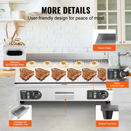 Commercial Electric Griddle, 2800W Countertop Half-Flat Top Grill, 122℉-572℉ Adjustable Temp, 28.74x15.75x0.39in Stainless Steel Griddle Grill with 2 Shovels and 2 Brushes for Home or Restaurant、、eastwooduniform