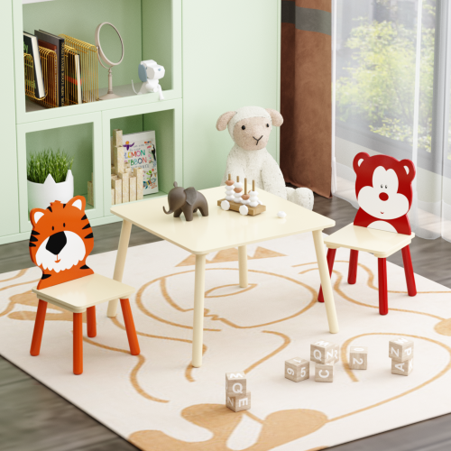 Kids Table and 2 Chairs Set, 3 Pieces Toddler Table and Chair Set, Wooden Activity Play Table Set (Lion&Monkey)、、casual