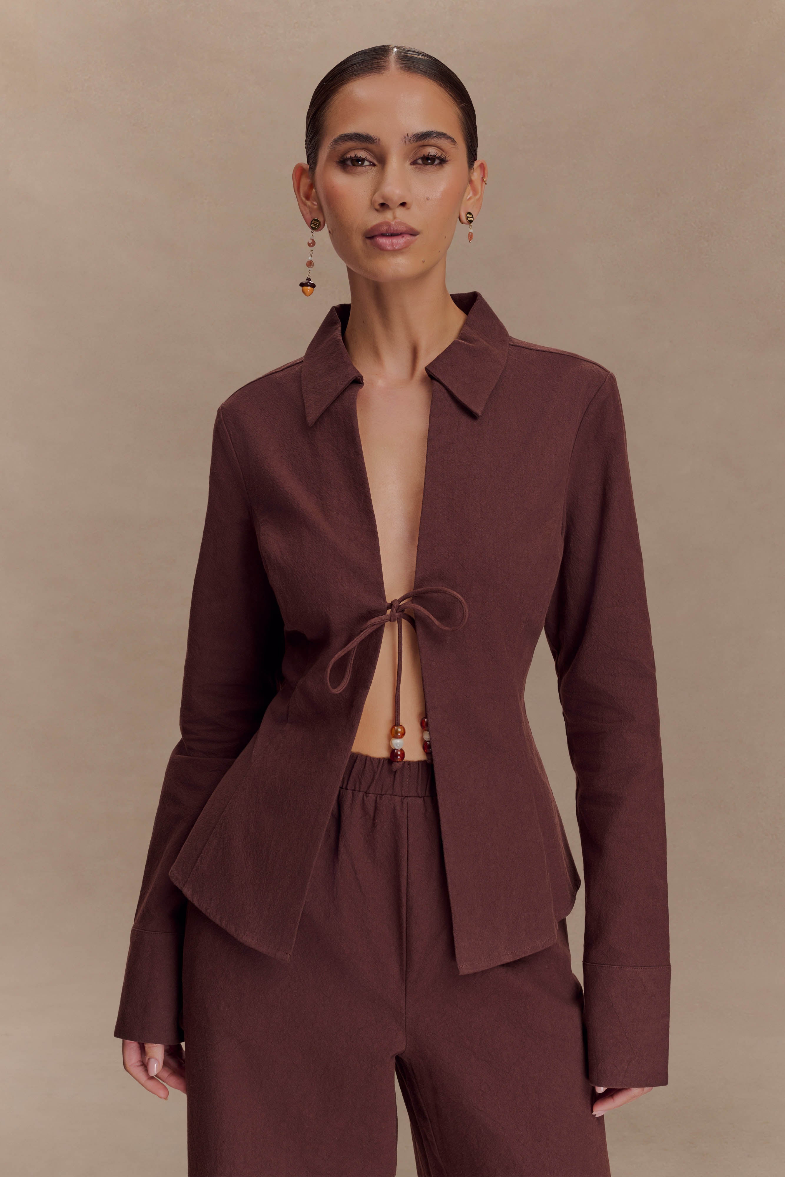 Annalee Cotton Beaded Tie Shirt - Dark Espresso、mySite、solidvoid