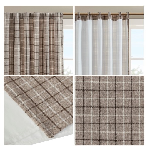 Plaid Rod Pocket and Back Tab Curtain Panel with Fleece Lining Brown 50x84"、、eastwooduniform