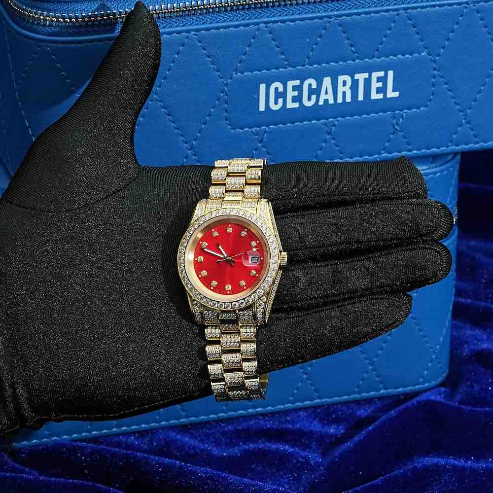 Moissanite Presidential Watch | Red Face | 41MM | 13.3CT Iced Out | 14K Yellow Gold、mySite、hinf8tx79