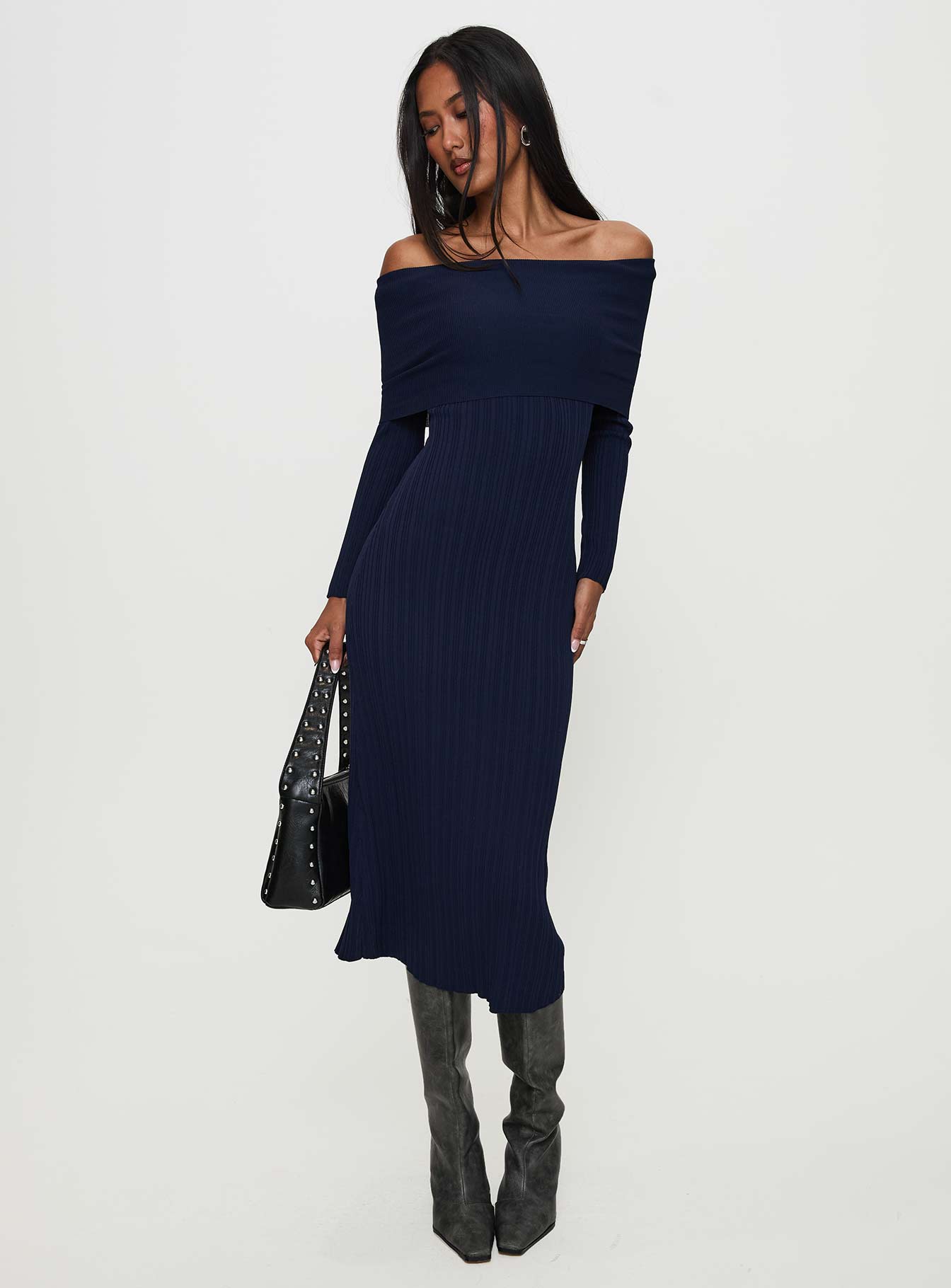 Flisse Long Sleeve Rib Maxi Dress Navy、mySite、solidvoid