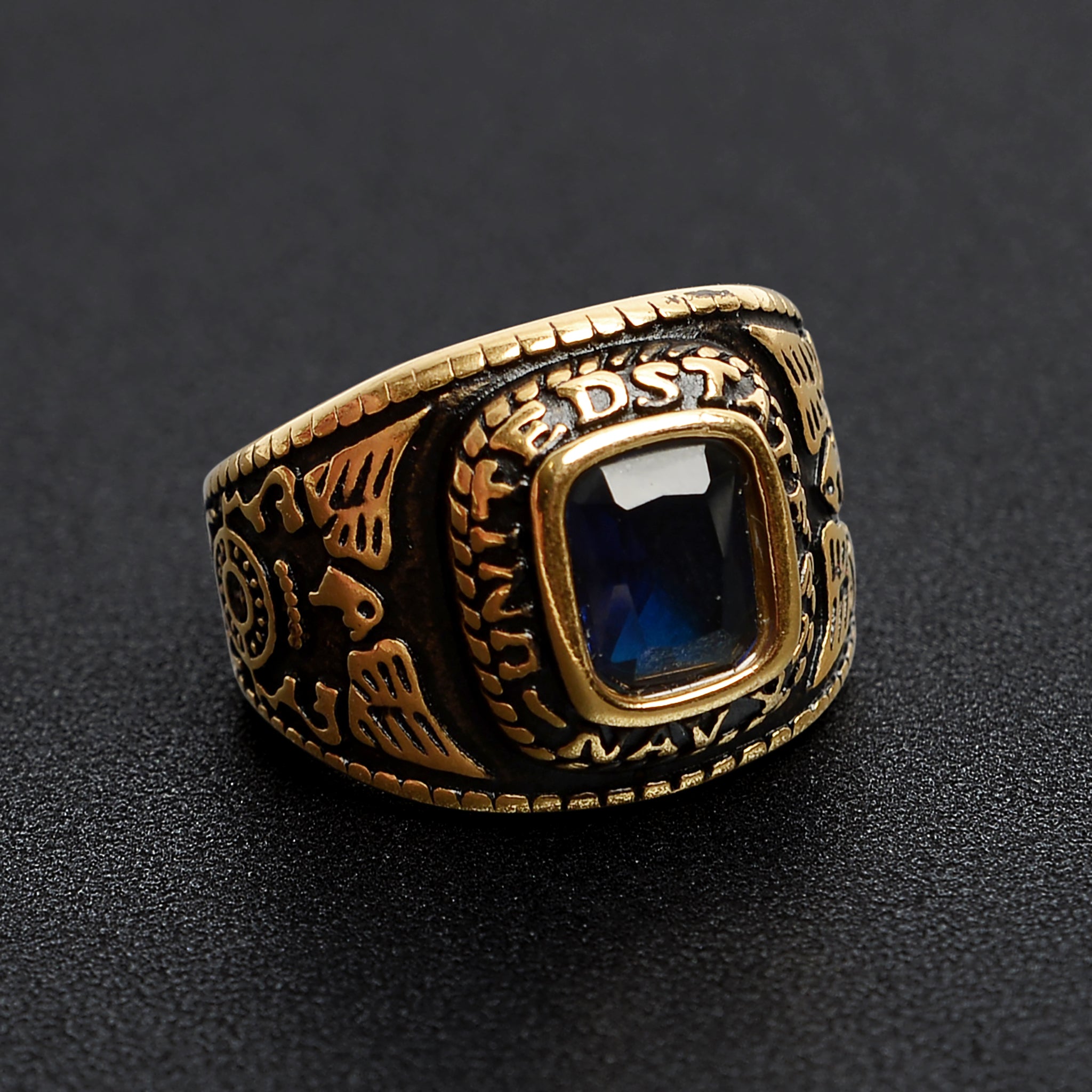 18K Gold PVD Stainless Steel United States Navy Blue Center Stone Ring / MCR6003、mySite、dreamappss