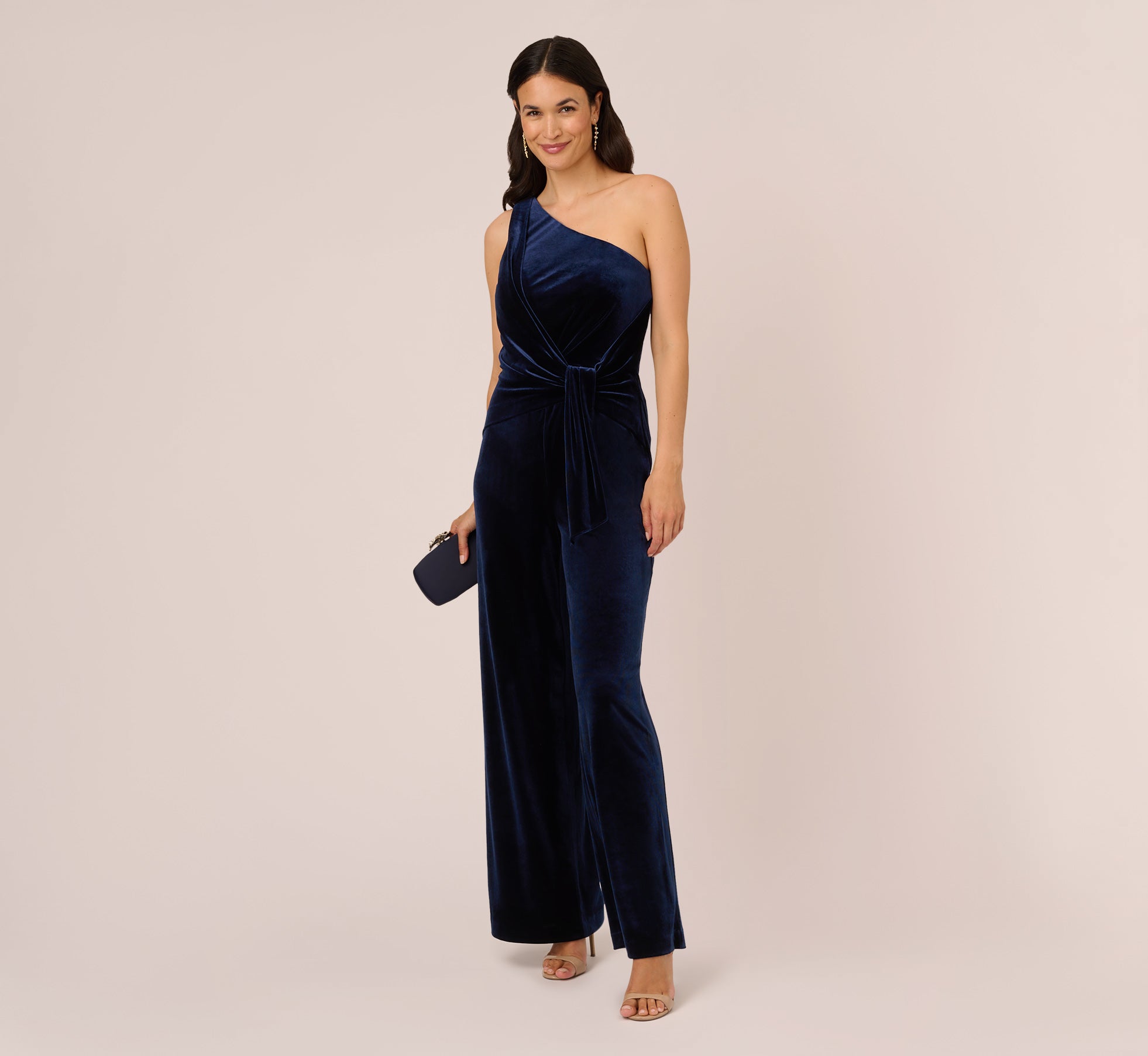 One Shoulder Velvet Jumpsuit With Draped Accent In Midnight、mySite、solidvoid