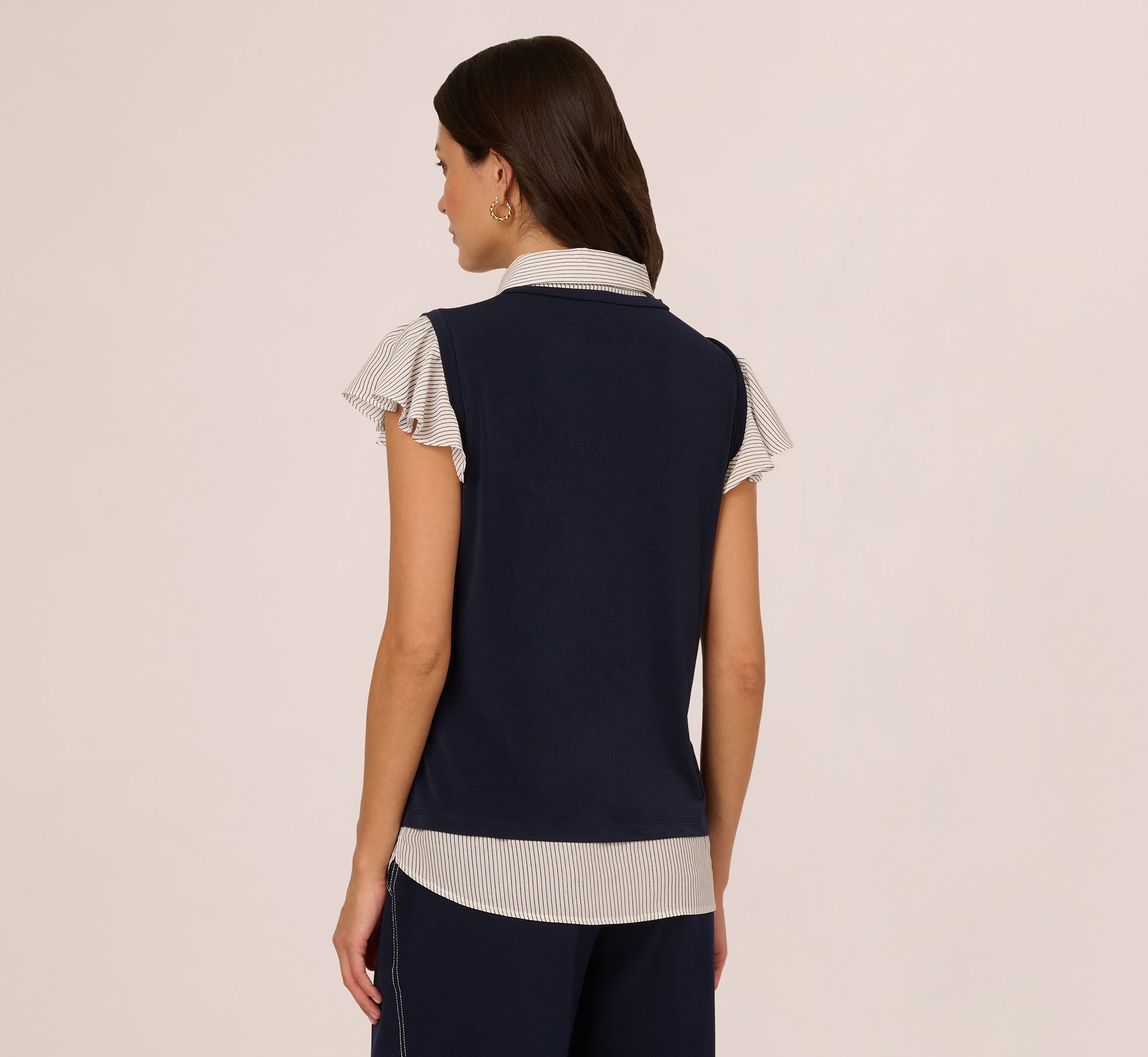 Striped Flutter Sleeve Twofer Sweater Vest Top In Navy W Crosshatch Stripe、mySite、solidvoid