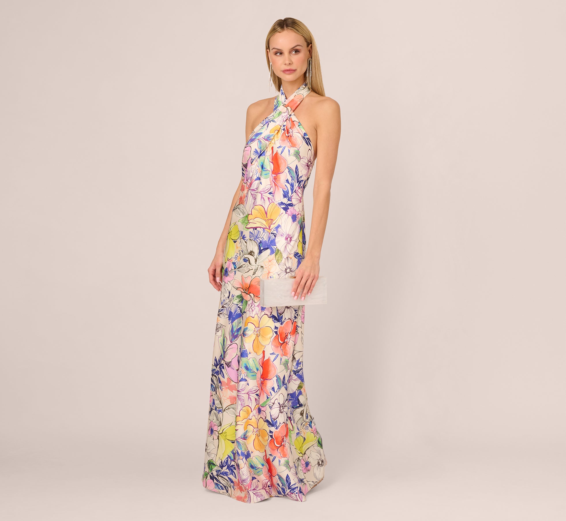 Bias Cut Floral Satin Halter Gown In Ivory Multi、mySite、solidvoid