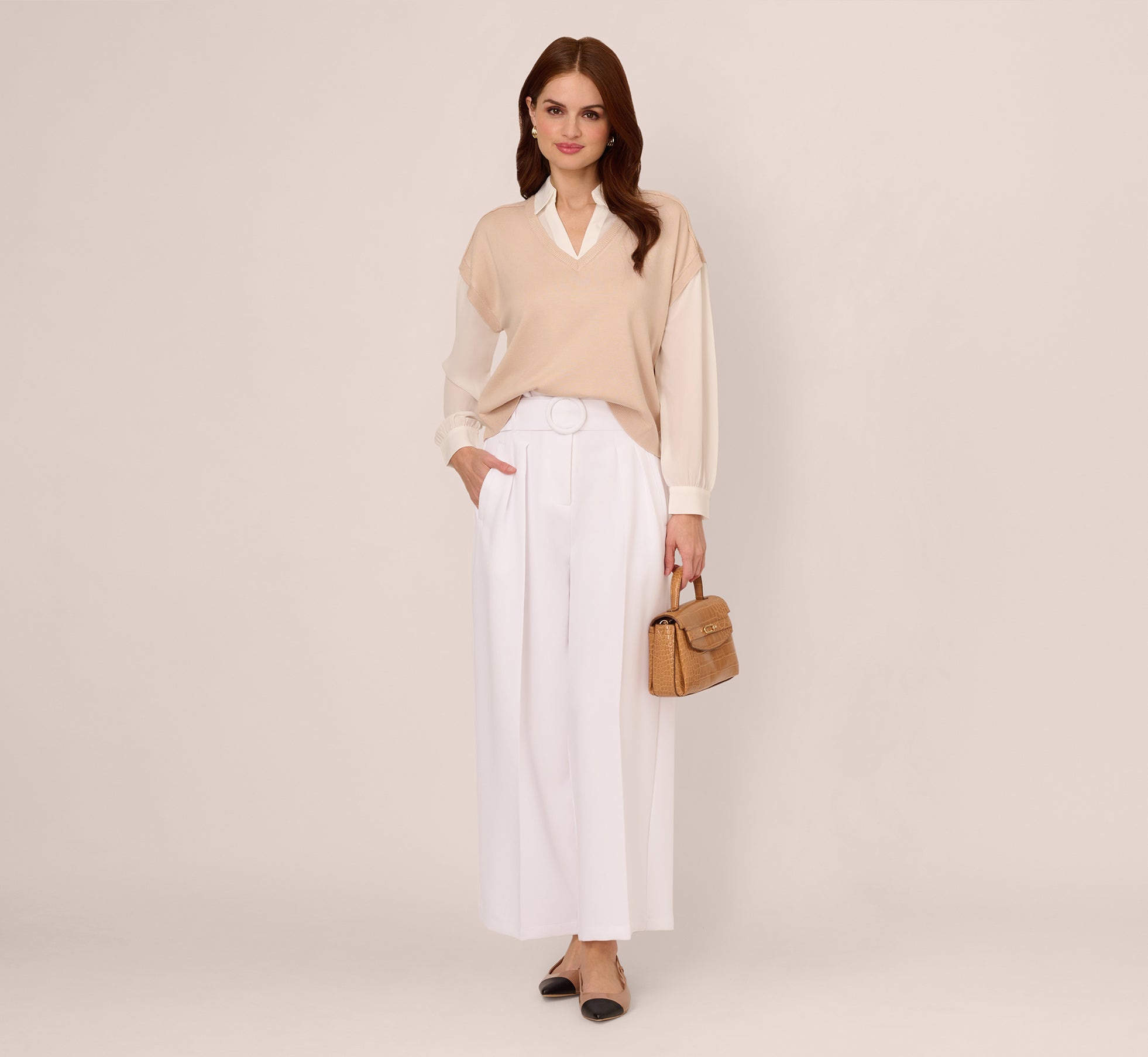 Extended Shoulder Sweater Vest Twofer Shirt In Champagne Blush Ivory、mySite、solidvoid