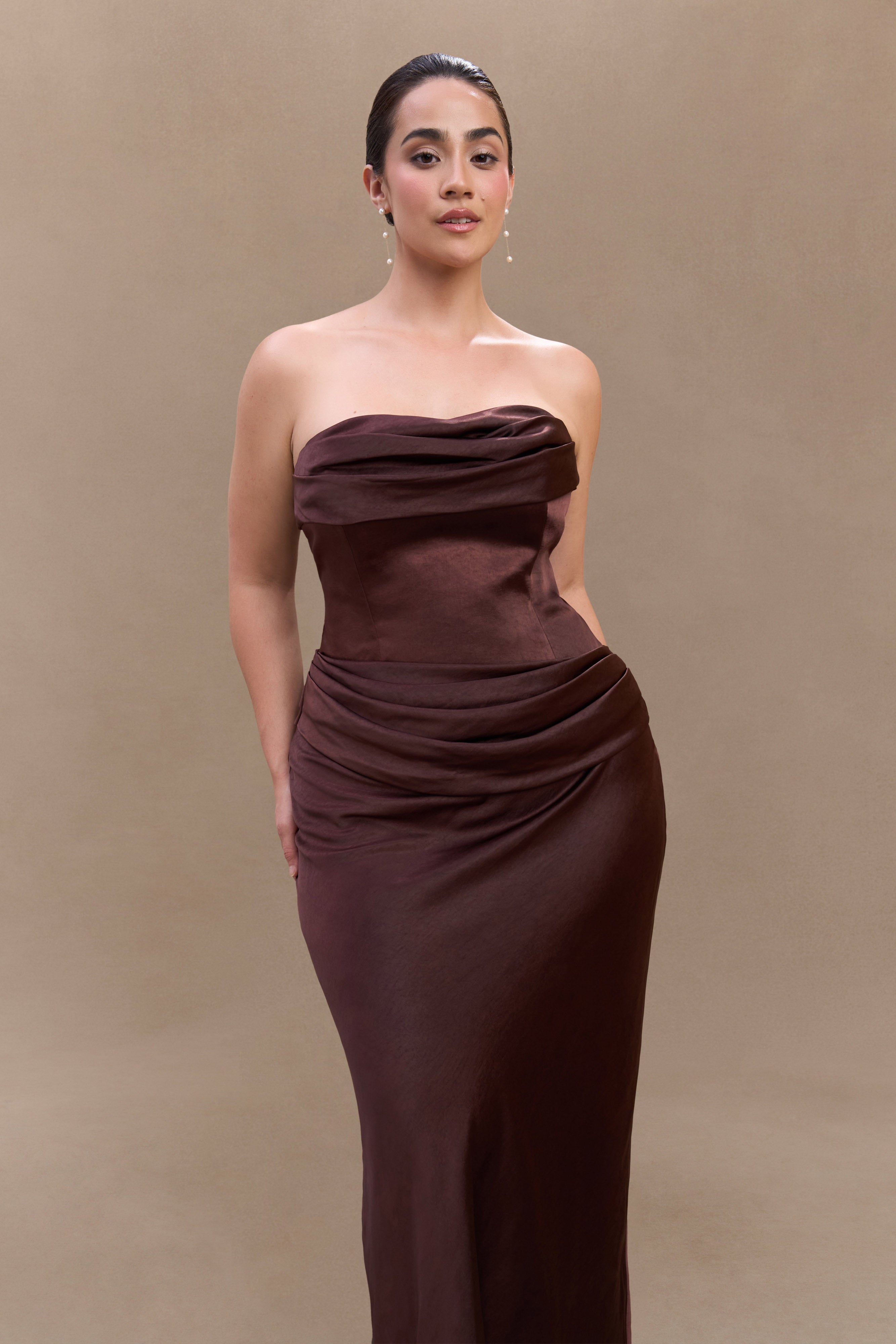 Jasmine Strapless Satin Maxi Dress - Dark Chocolate、mySite、solidvoid