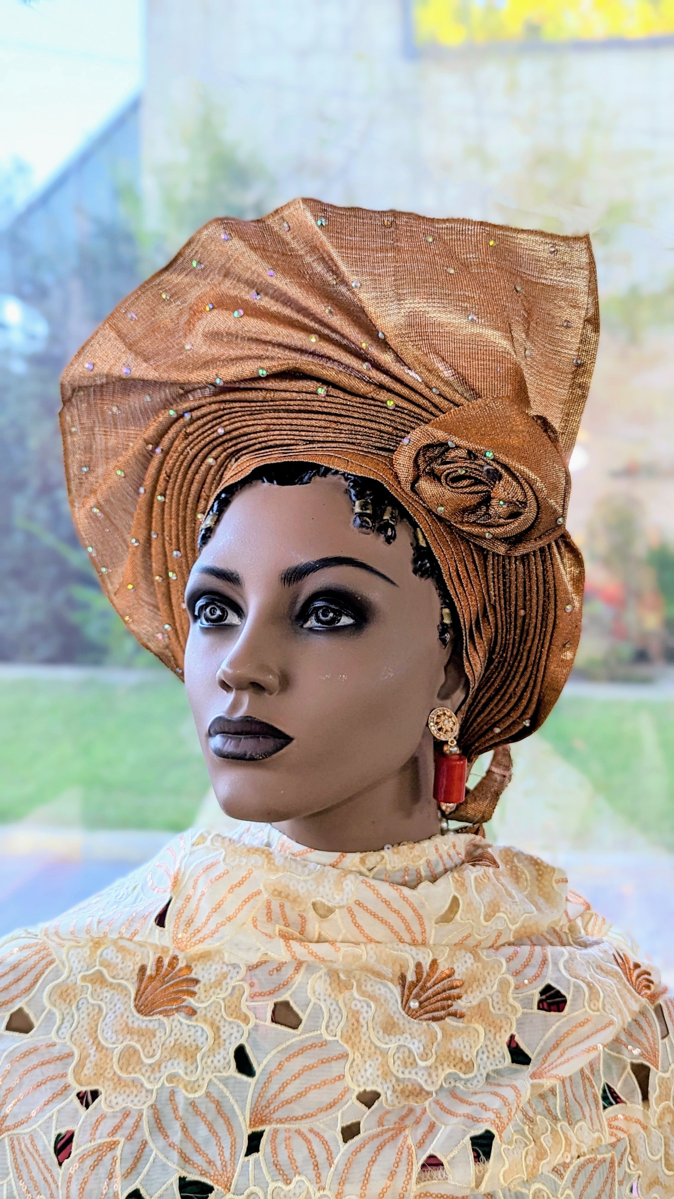 Omotowa Rust African Aso Oke head tie Autogele ready gele pre-tied head wrap-DPAGRB44、mySite、solidvoid