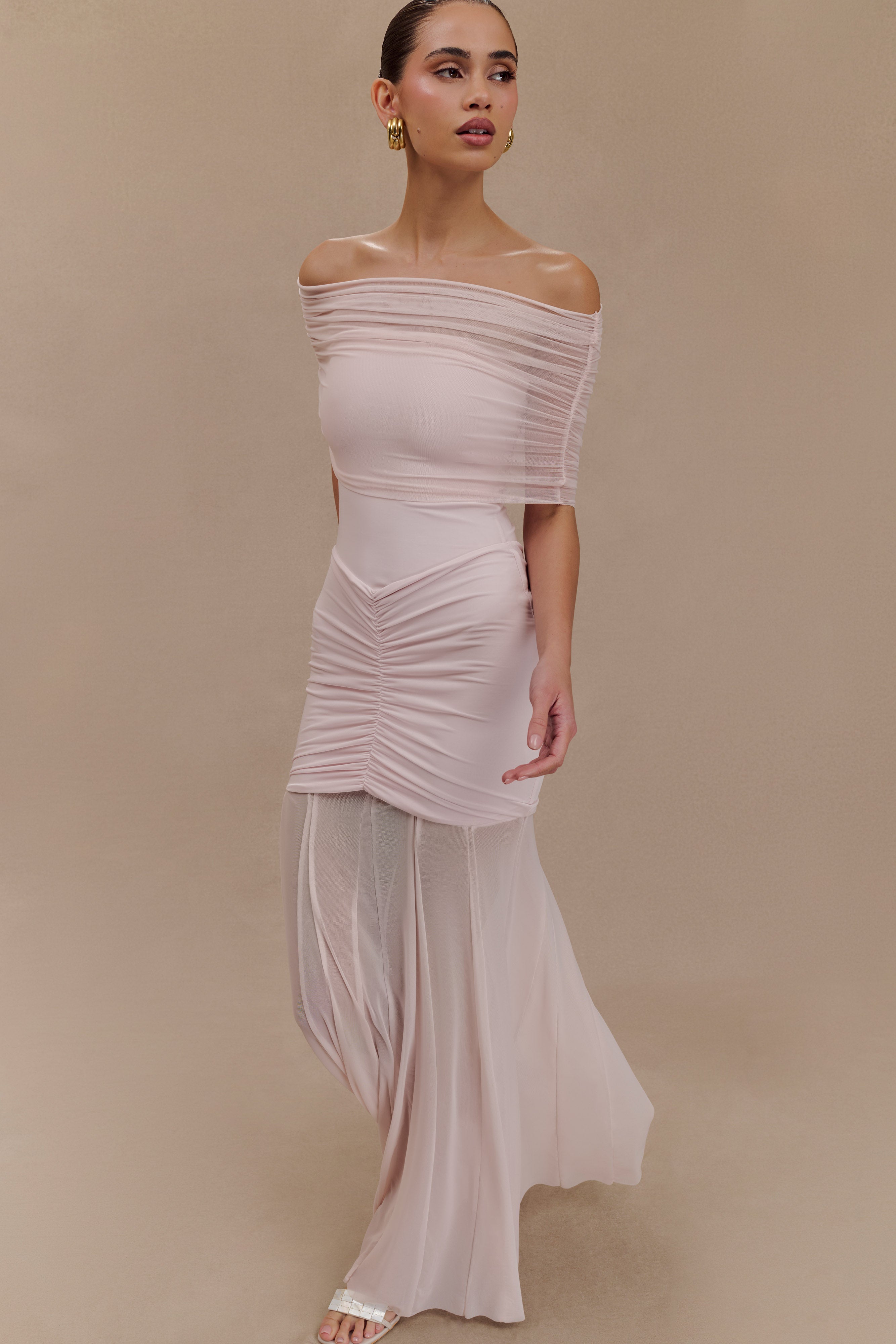 Caspian Slinky And Mesh Off Shoulder Maxi Dress - Pale Pink、mySite、solidvoid
