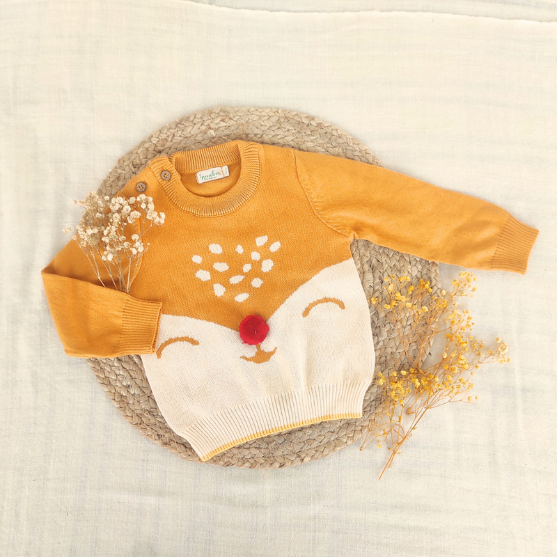 Cotton Sweater For Kids | Cuddly Fox Printed | Mustard Yellow、mySite、camillekostekn