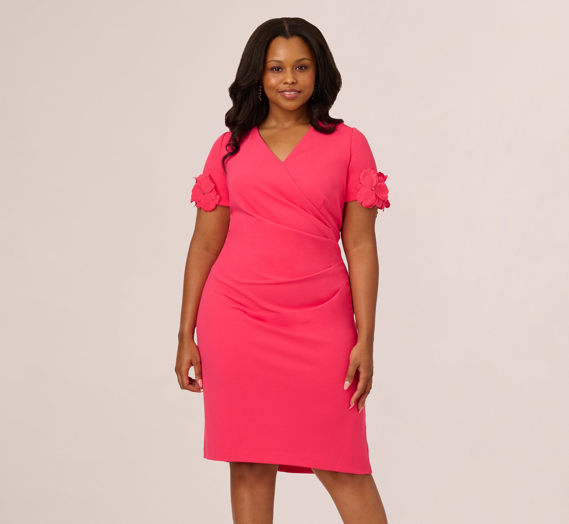 Plus Size Crepe Faux Wrap Sheath Dress With Floral Accent Short Sleeves In Petunia、mySite、solidvoid
