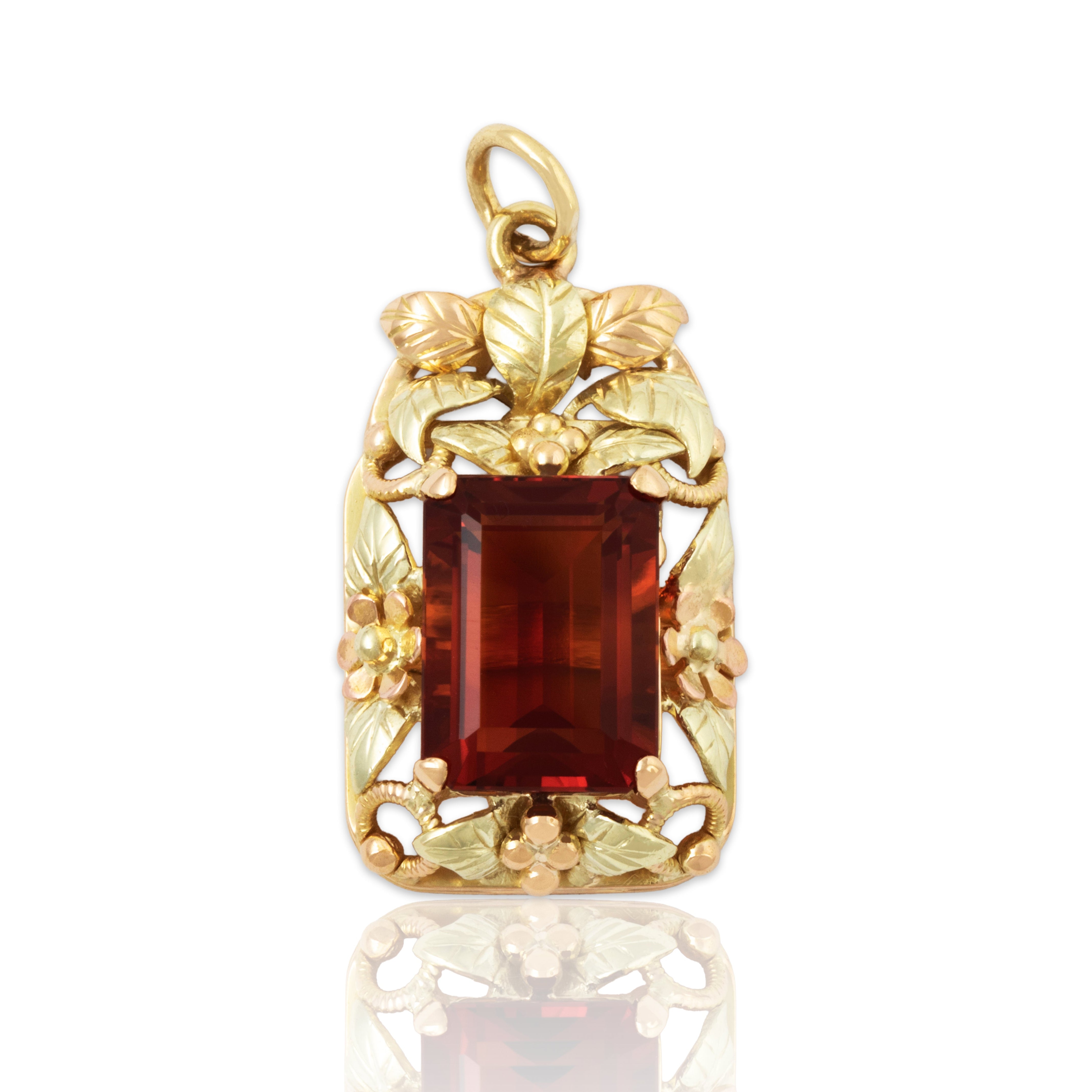 Vintage Heavy 18k Yellow & Rose Gold 4.5ct Madeira Citrine Leafy Floral Pendant、mySite、hinf8tx79