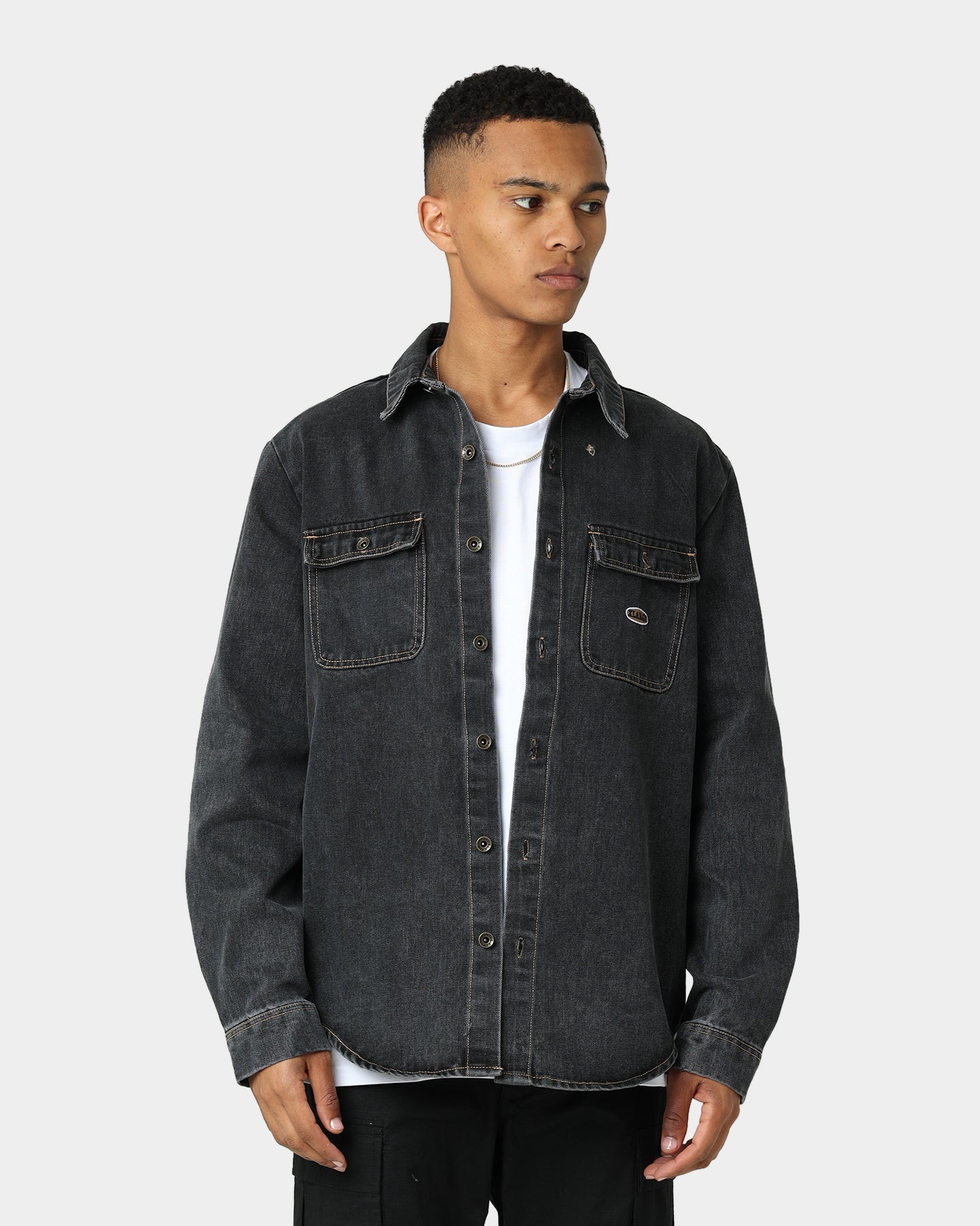 X-Large Denim Long Sleeve Work Shirt Washed Black、mySite、zt4zffjzw