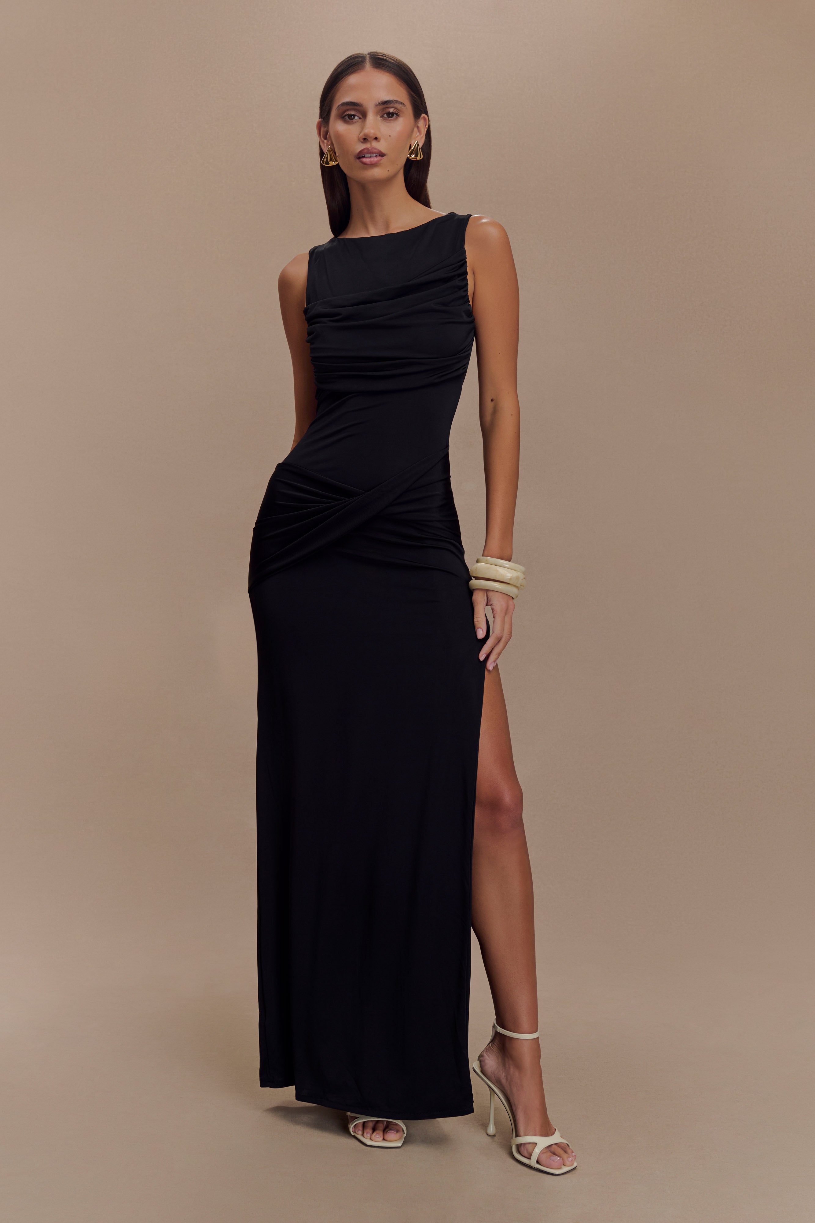 Henley Slinky Drape Maxi Dress - Black、mySite、solidvoid