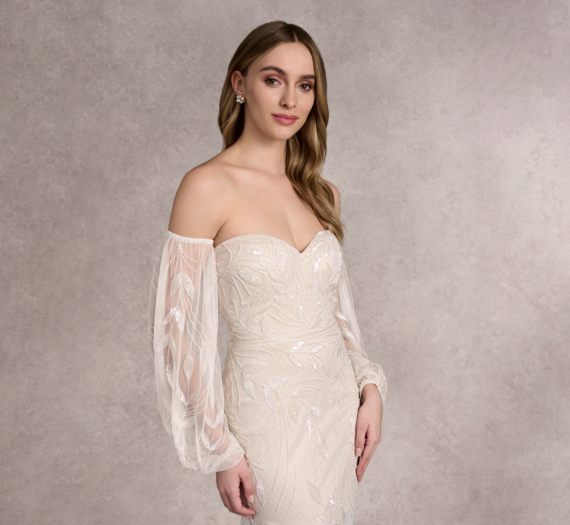 Hand Beaded Strapless Fit And Flare Gown With Detachable Puff Sleeves In Ivory/Pearl In Ivory Pearl、mySite、solidvoid