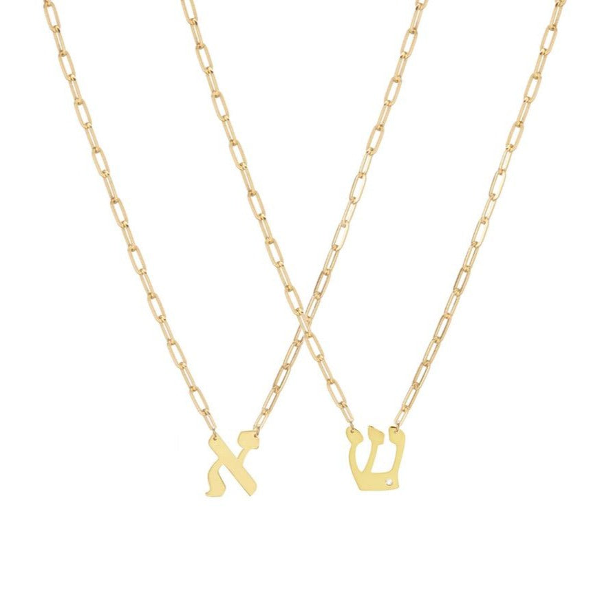 Hebrew Small Initial Link Necklace - (Sterling Silver, Gold-Plated or Two-Tone)、mySite、topwebapps