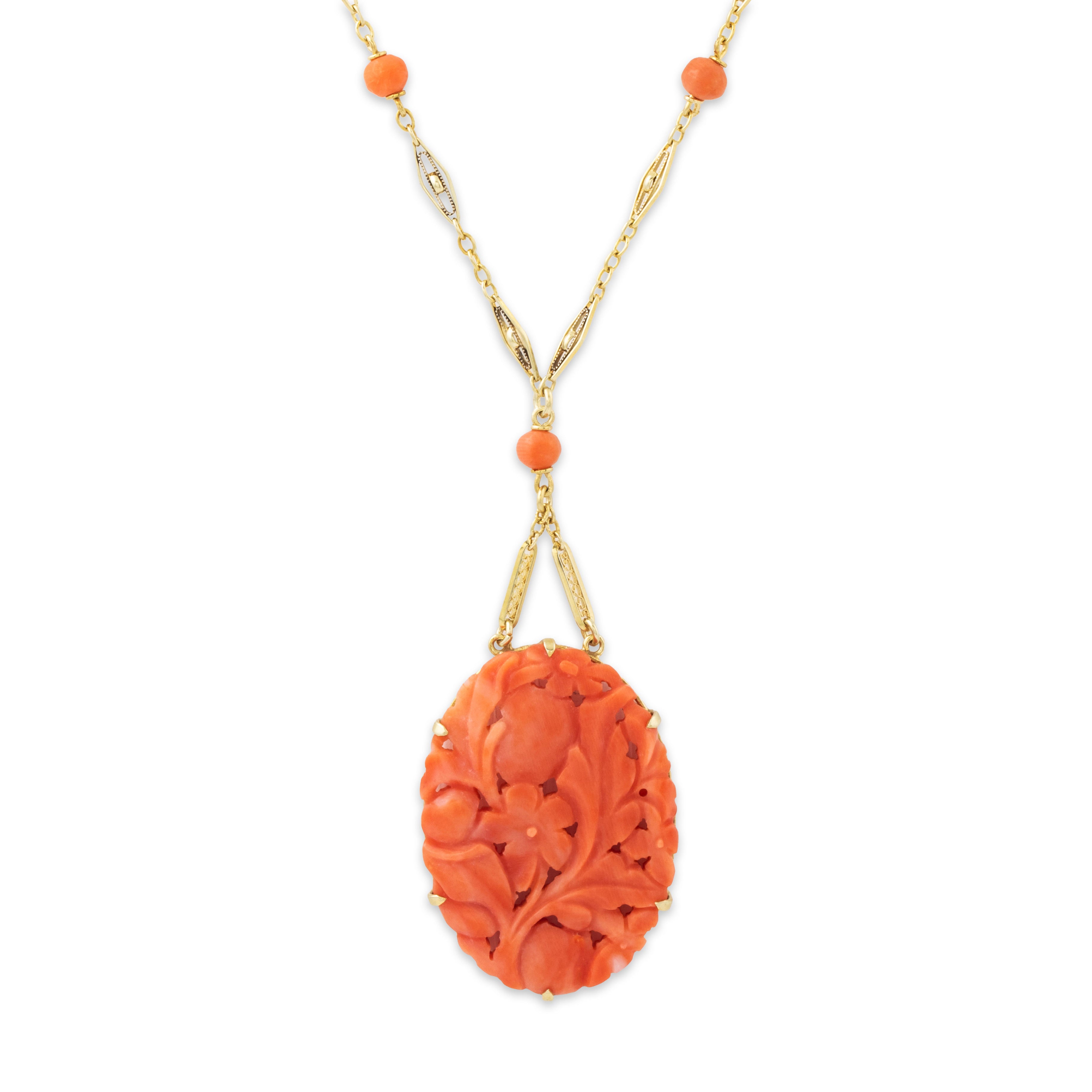 Antique Art Deco 14k Yellow Gold Coral Carved Floral Filigree Chain Necklace 16、mySite、hinf8tx79