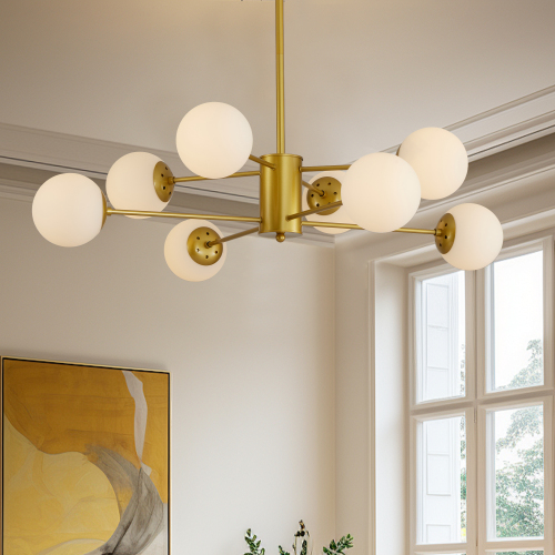 35" Modern 8-Light Gold Chandelier with White Glass Globe Shades, Mid-Century Branching Design, Elegant Ceiling Light Fixture for Dining Room, Living Room, or Bedroom (No Bulbs)、、eastwooduniform