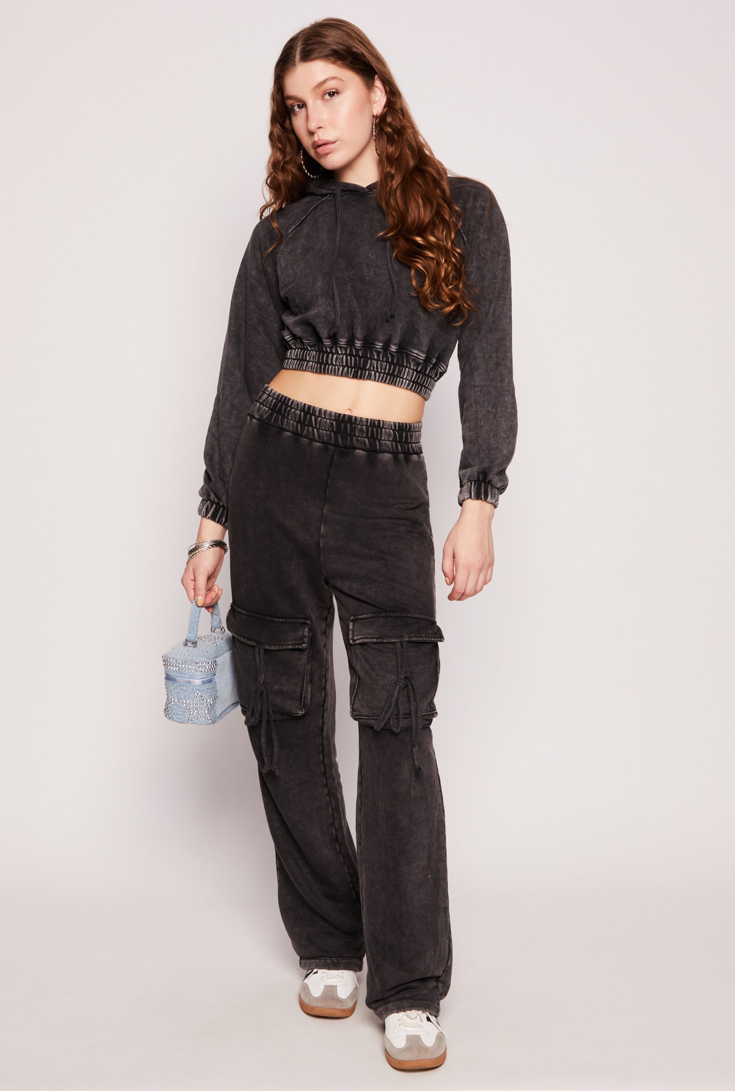 Acid Wash Elastic Hem Cropped Hoodie、mySite、camillekostekn