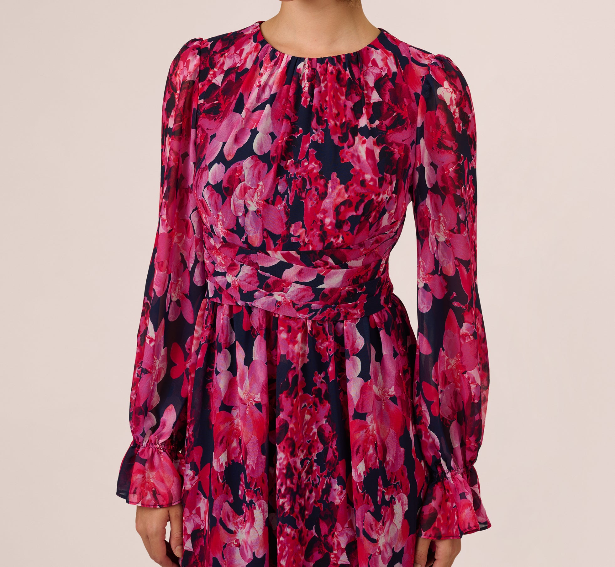 Floral Wrap Waist Ankle Dress In Navy Pink Multi、mySite、solidvoid