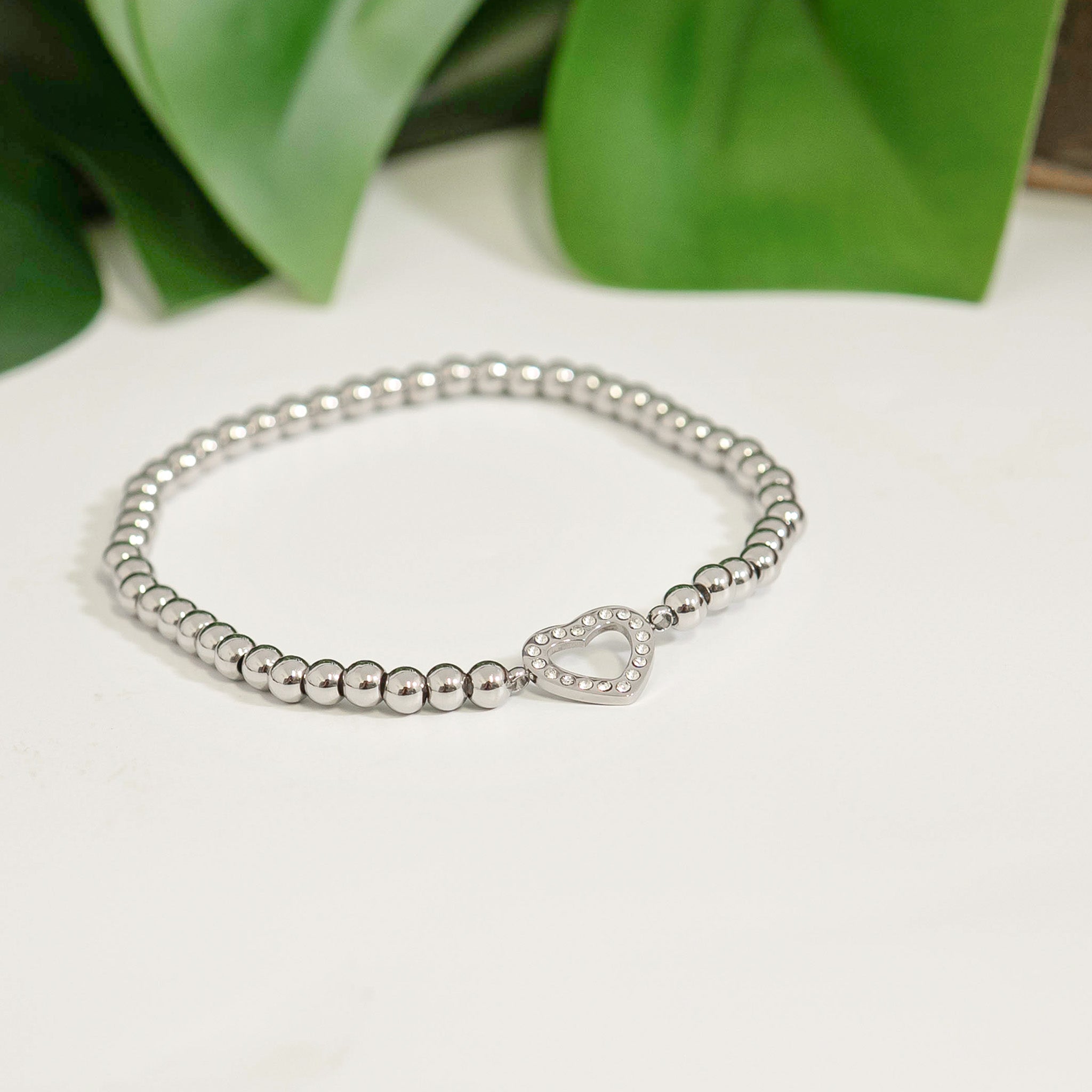 18K Gold PVD Stainless Steel Stone Heart Metal Beaded Stretch Bracelet / BRJ1016、mySite、dreamappss