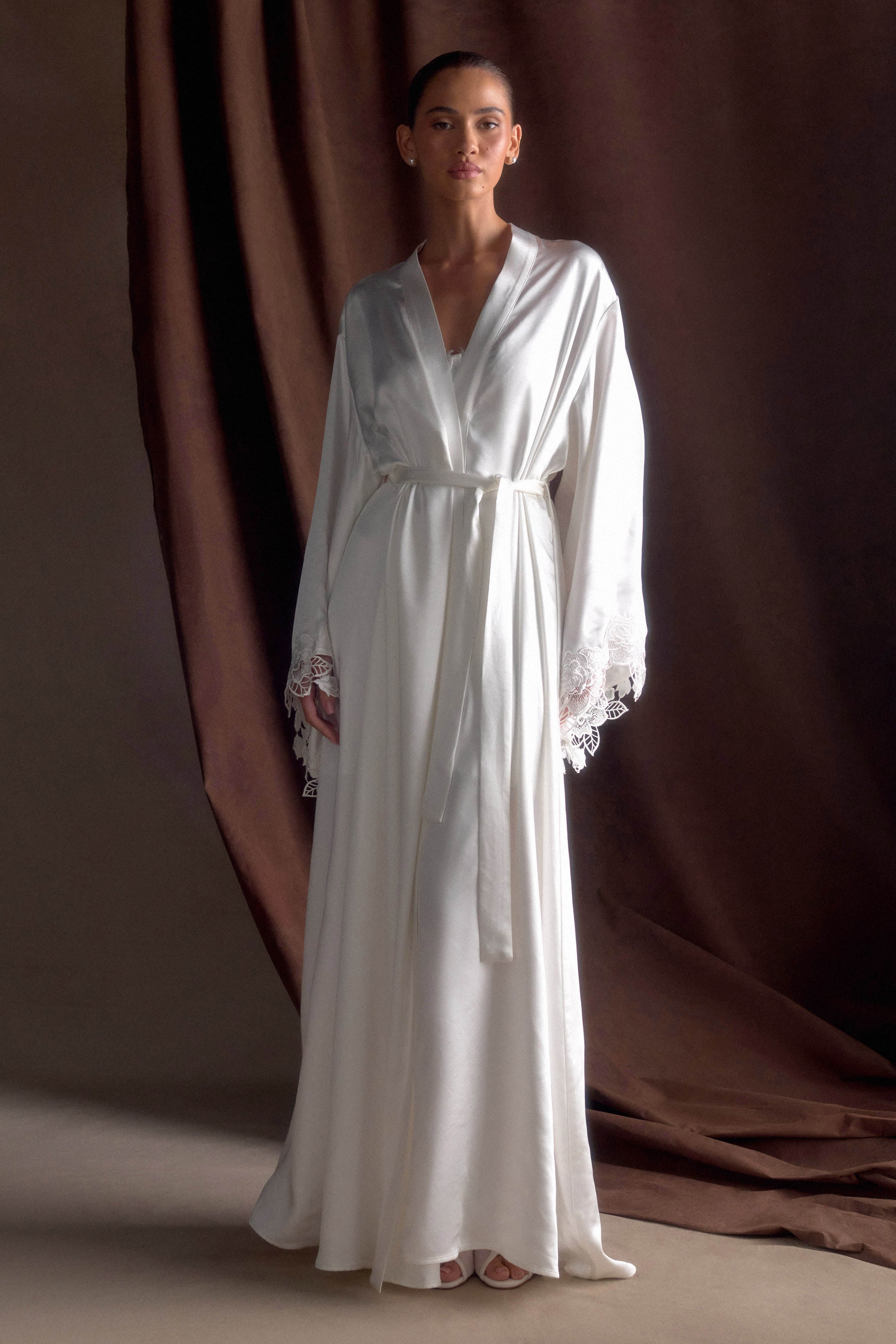 Sullivan Satin Bridal Robe With Lace - Ivory、mySite、solidvoid
