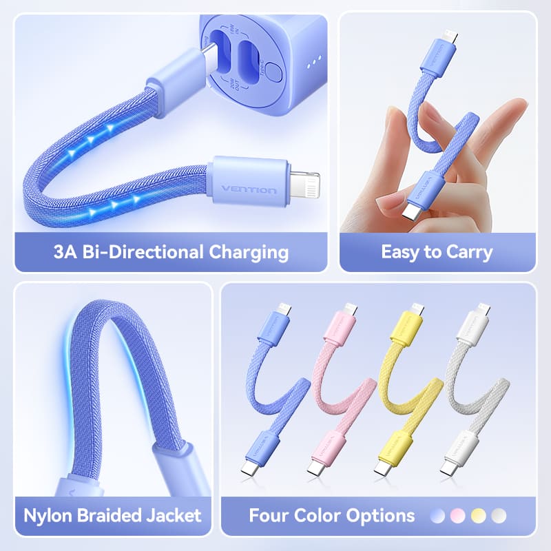 Bi-Directional Charging Cable 11CM for 5000mAh Power Bank (USB-C + Lightning) 20W Light Indicator Display Type、mySite、fannypackpong