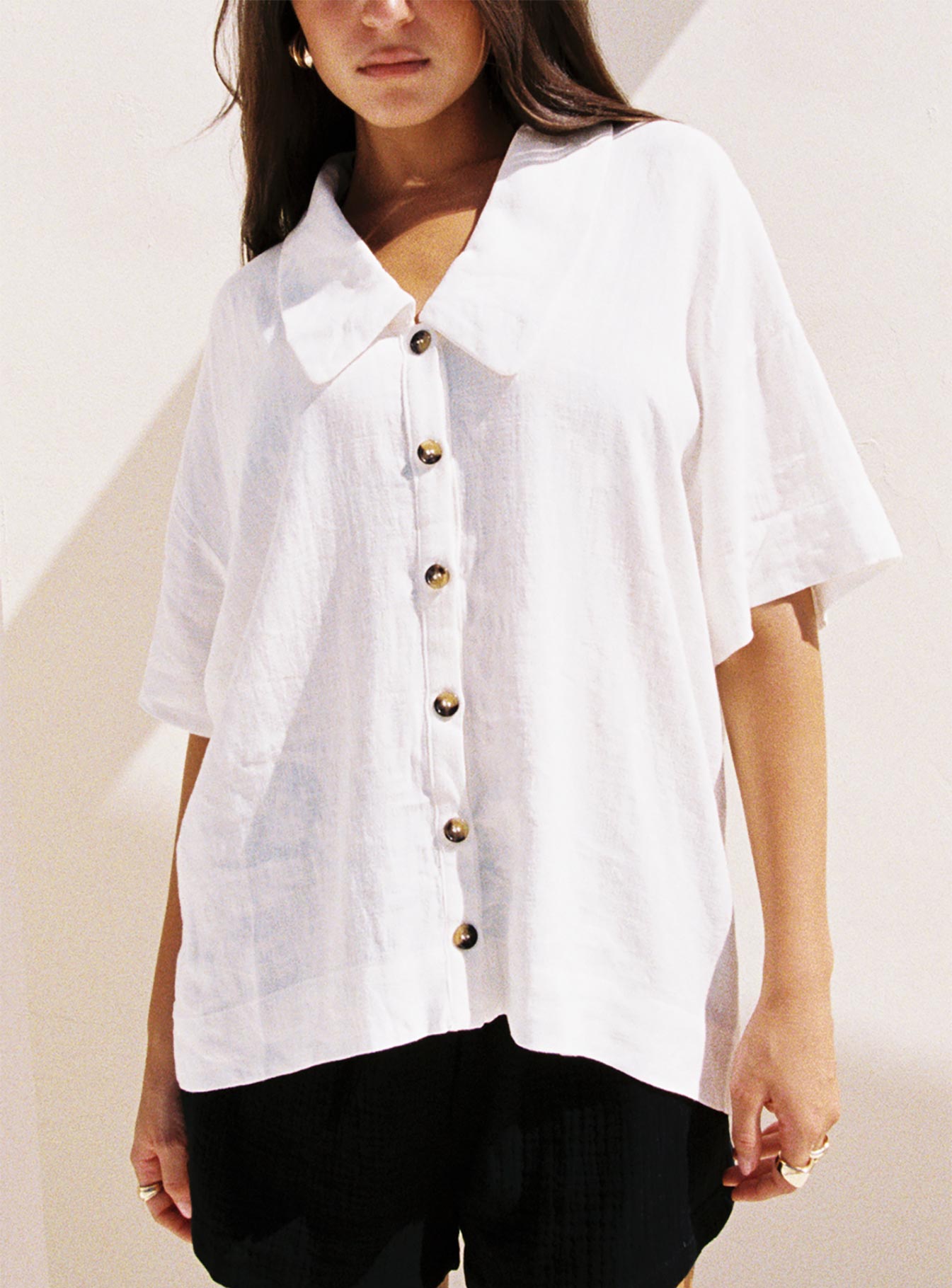 Goody Linen Button Front Top White、mySite、solidvoid