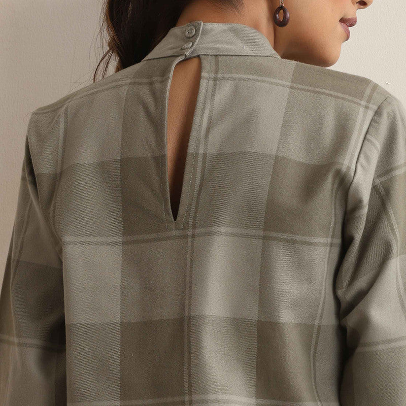 Cotton High Neck Short Kurta For Women | Checkered Print | Green、mySite、camillekostekn