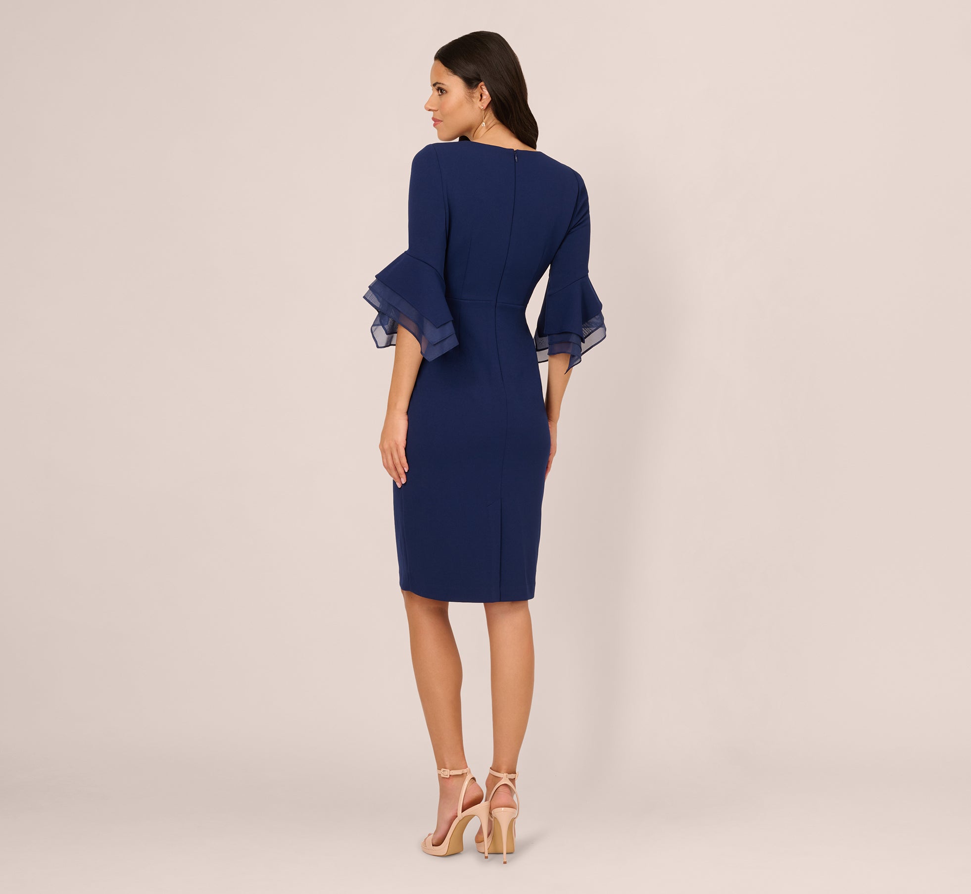 Three Quarter Bell Sleeve Sheath Midi Dress In Navy Sateen、mySite、solidvoid
