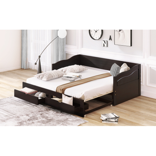 Wooden Daybed with Trundle Bed and Two Storage Drawers , Extendable Bed Daybed,Sofa Bed for Bedroom Living Room,White、、casual