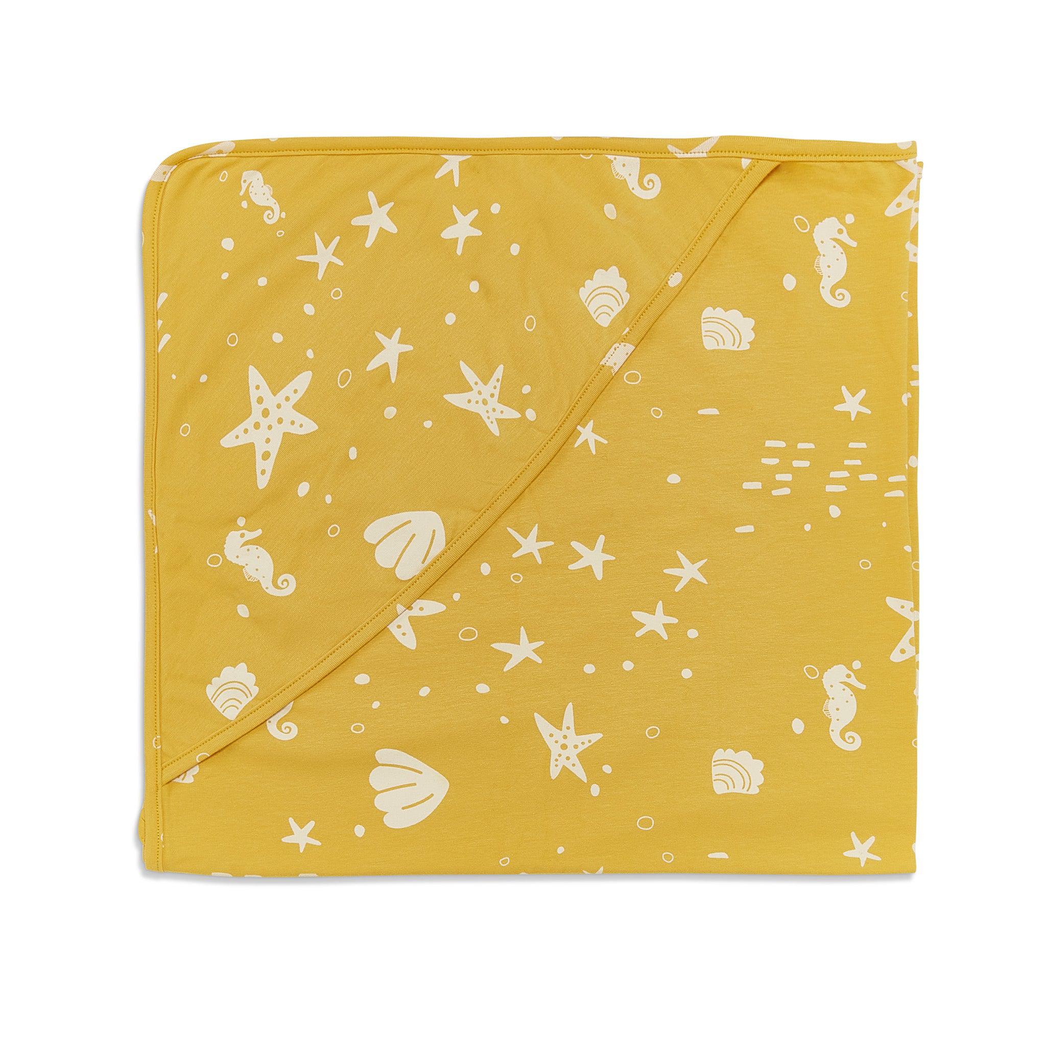 RETIRED - Organic Print Receiving Blanket - Sunny Yellow Seashells、mySite、g9winljtr