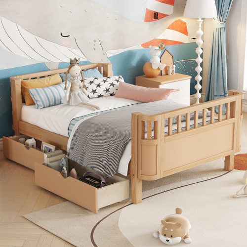 Twin Size Wood Platform Bed for Kids, Wood Low Profile Twin Bed with Rails for Girls and Boys, Natural (Patented Design) , Expect Arrival Date 2025/9/15、、eastwooduniform