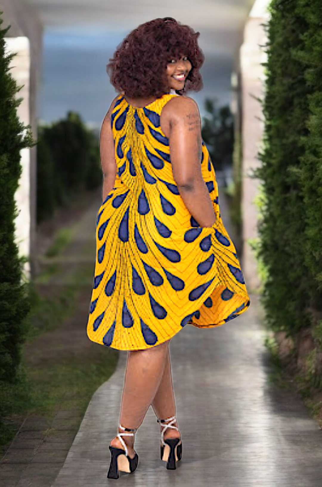 Dupsie's Blue and Orange Ajere Peacock African Print Dress DP3816D9、mySite、solidvoid