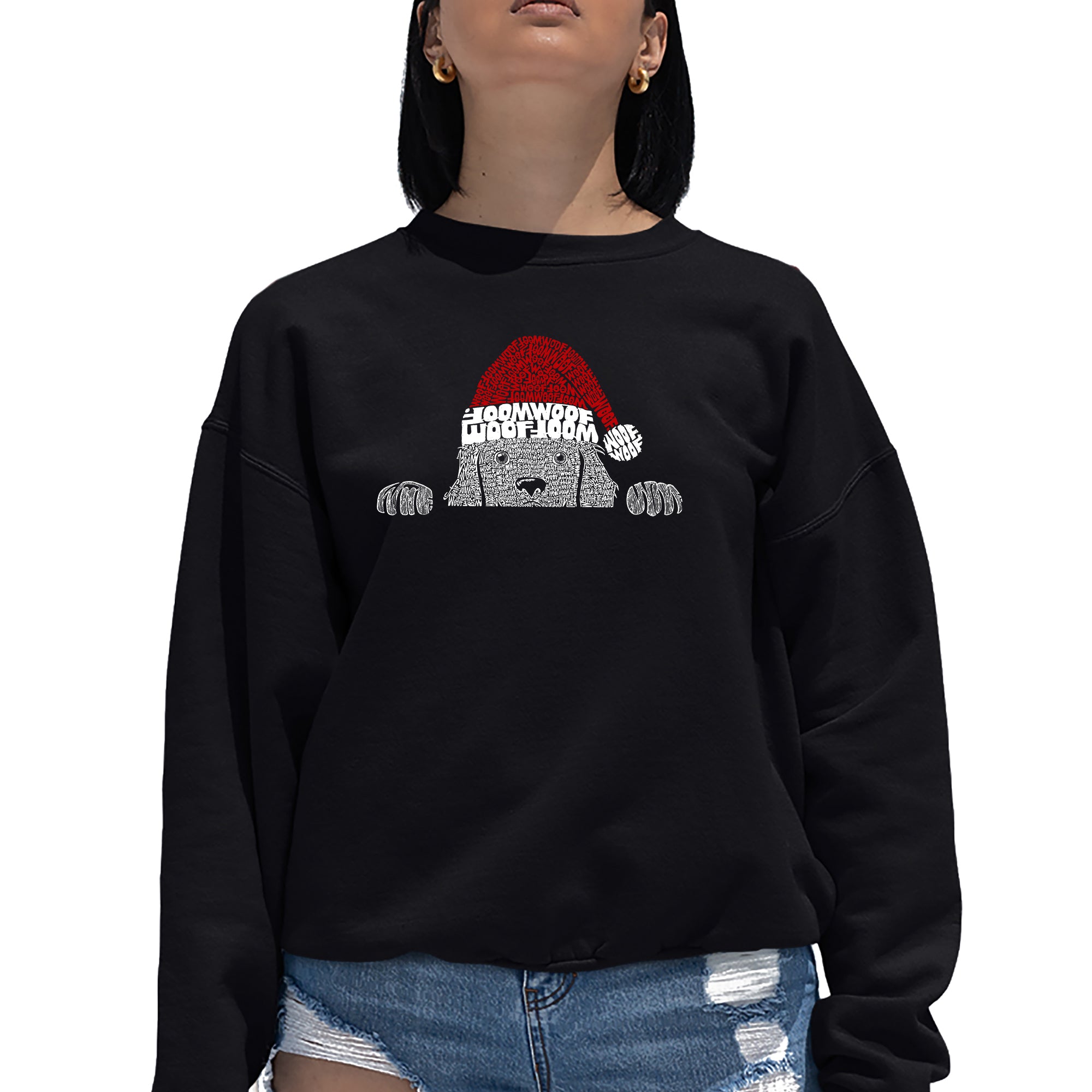 Christmas Peeking Dog - Women's Word Art Crewneck Sweatshirt、mySite、camillekostekn