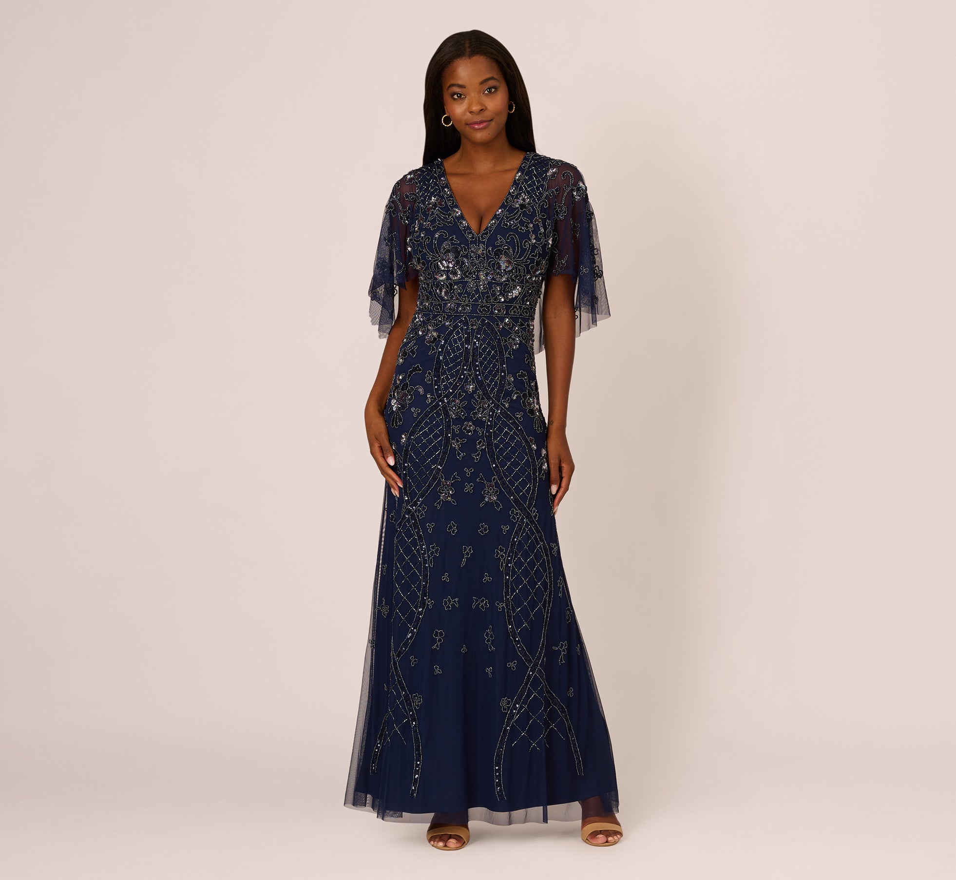 Sequin Beaded Gown With Sheer Cape Sleeves In Light Navy、mySite、solidvoid