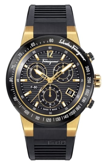 Salvatore Ferragamo F-80 Chrono Rubber Strap Watch, 44mm NWT、mySite、g9winljtr