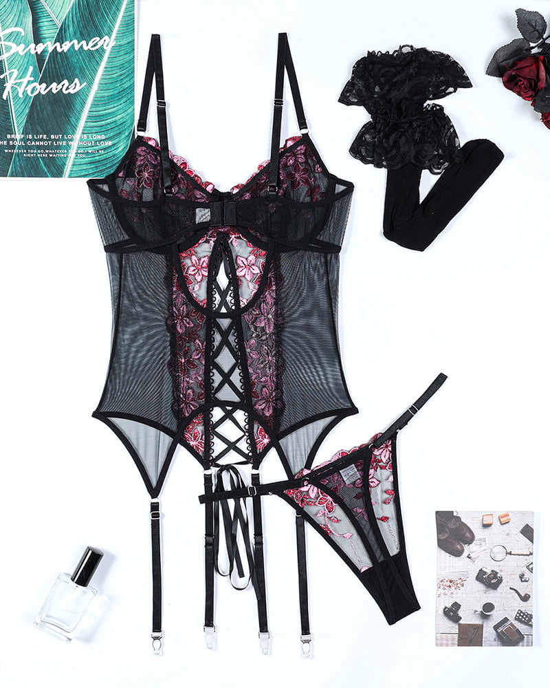 Flower Embroidered Stockings Bra Set、mySite、bengalsvssteelers