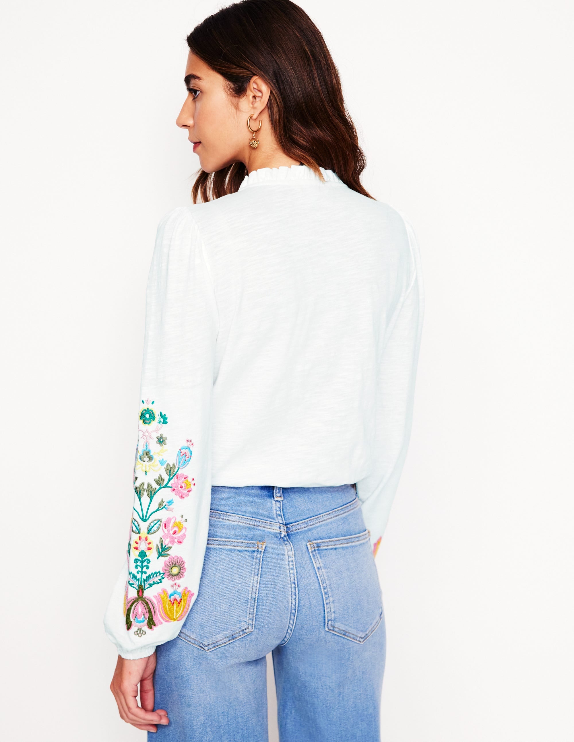  Embroidered Frill Neck Blouse-White, Multi Floral Embroidery、mySite、ashleygrahame