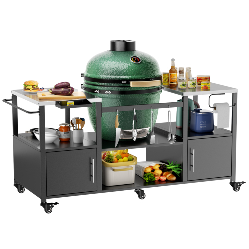Outdoor Grill Table for Big Green Egg Style BBQ, Metal Grill Cart with 2 Folding Panels, Compatible with up to Large Green Egg, Kamado Joe Jr、、eastwooduniform