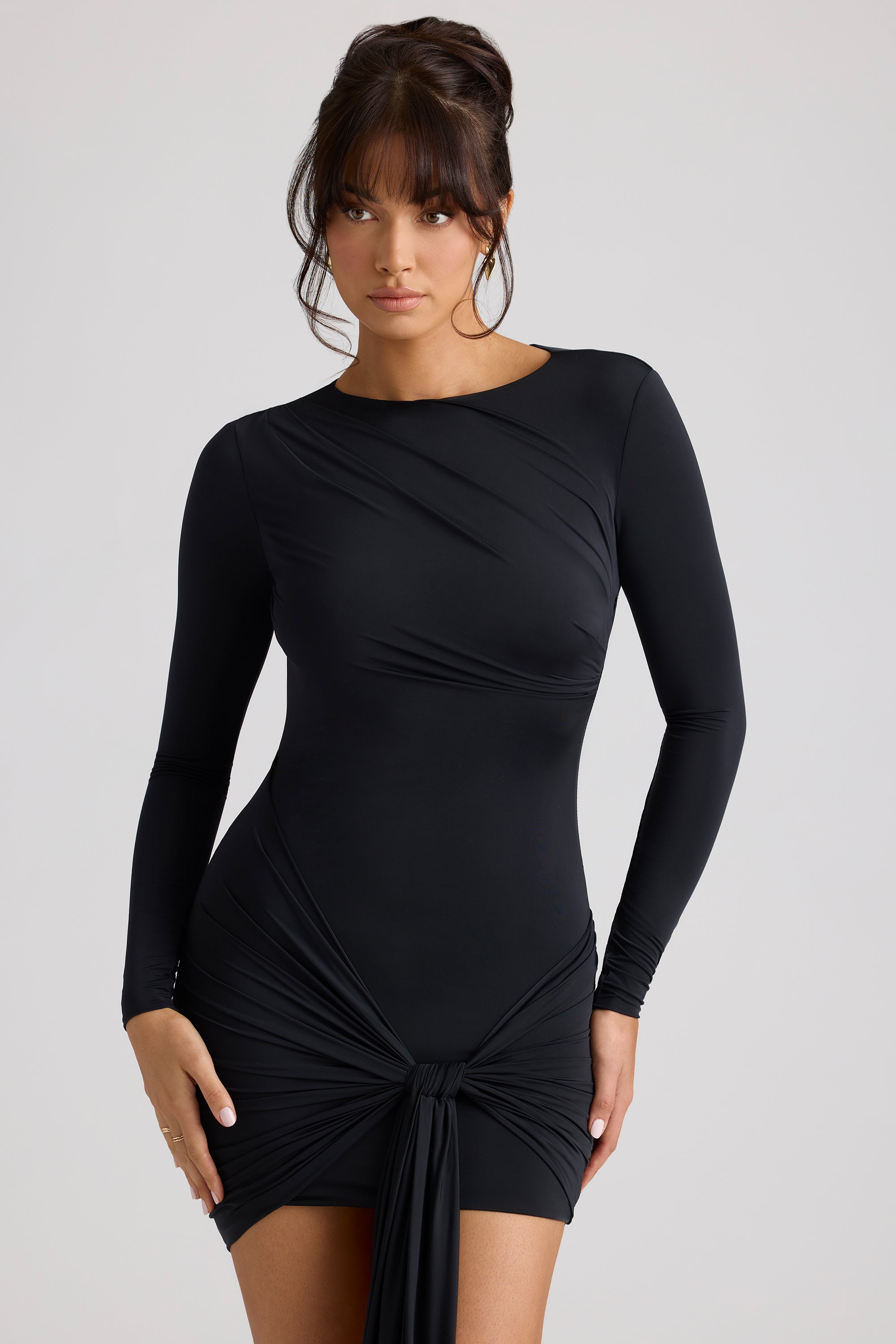 Long Sleeve Draped Mini Dress in Black、mySite、solidvoid
