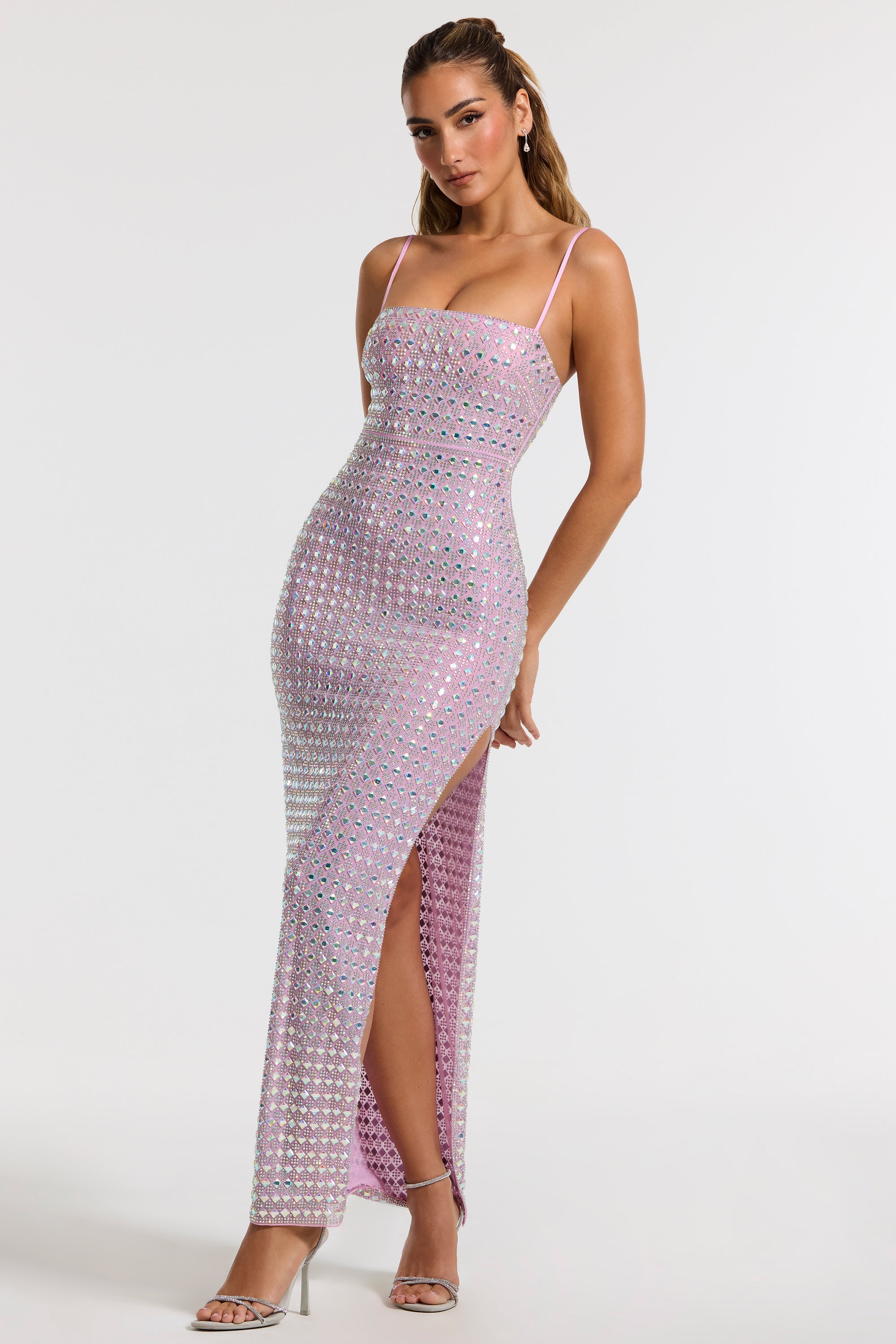 Embellished Square Neck Evening Gown in Lilac、mySite、solidvoid