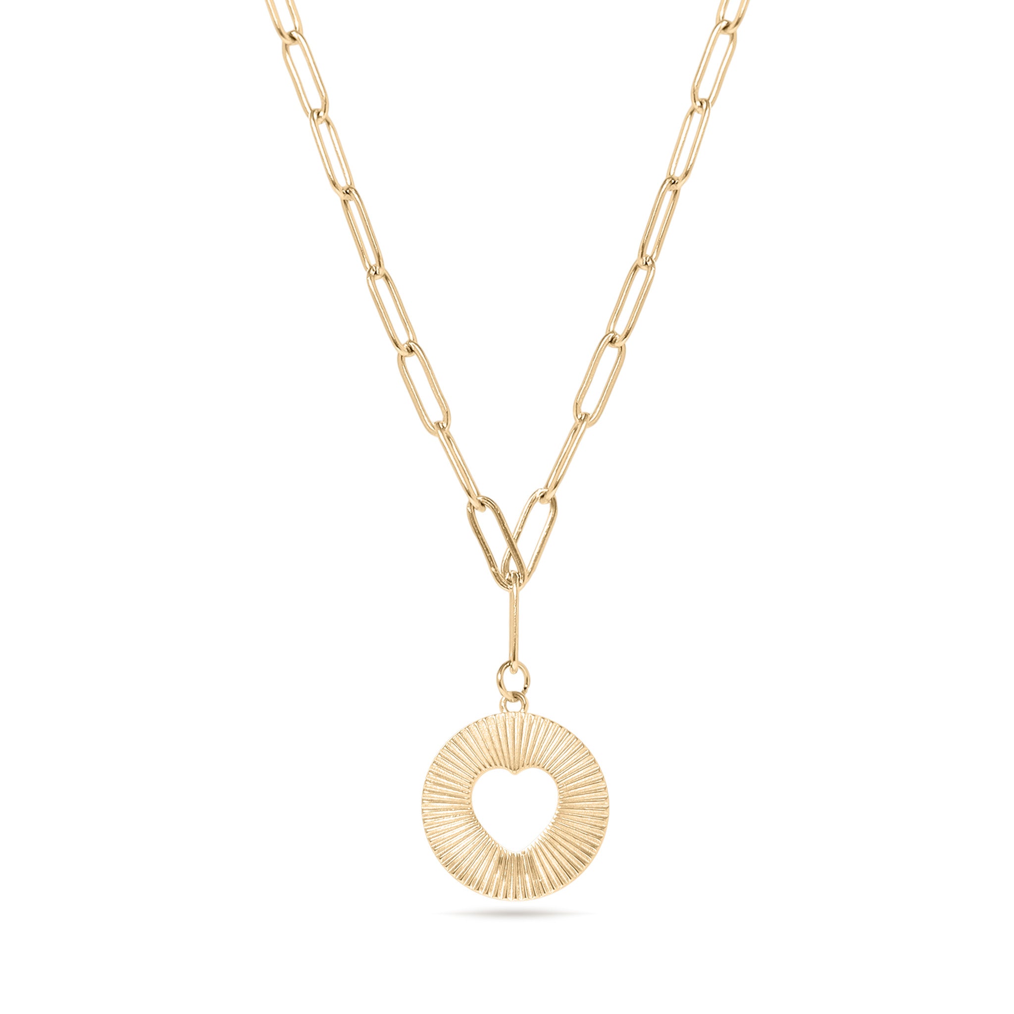 18K Gold PVD Stainless Steel Sunburst Heart Paperclip Pendant Necklace / CHN9969、mySite、dreamappss
