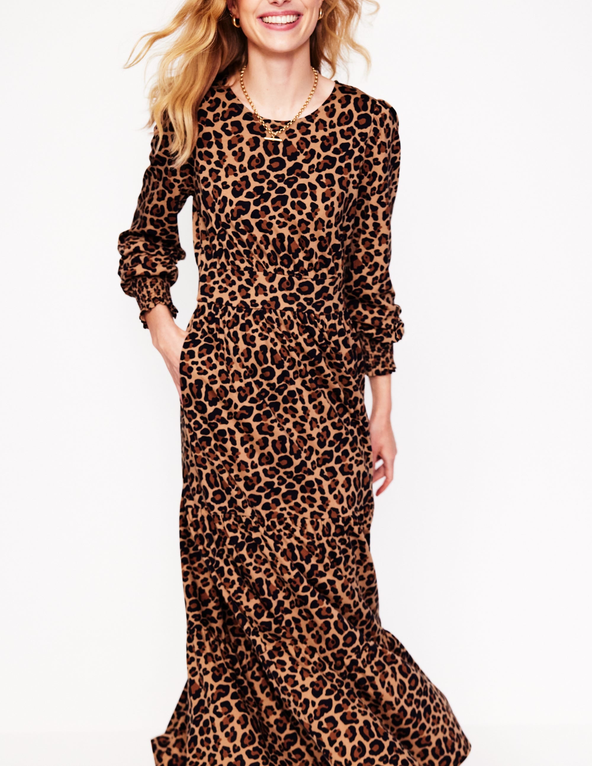  Tabitha Tiered Jersey Dress-Camel and Black, Cheetah Pop、mySite、ashleygrahame