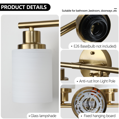 52" Modern 8-Light Vanity Wall Sconce, Golden Finish with Frosted Glass Shades for Bathroom or Hallway Lighting (No Bulbs)、、eastwooduniform